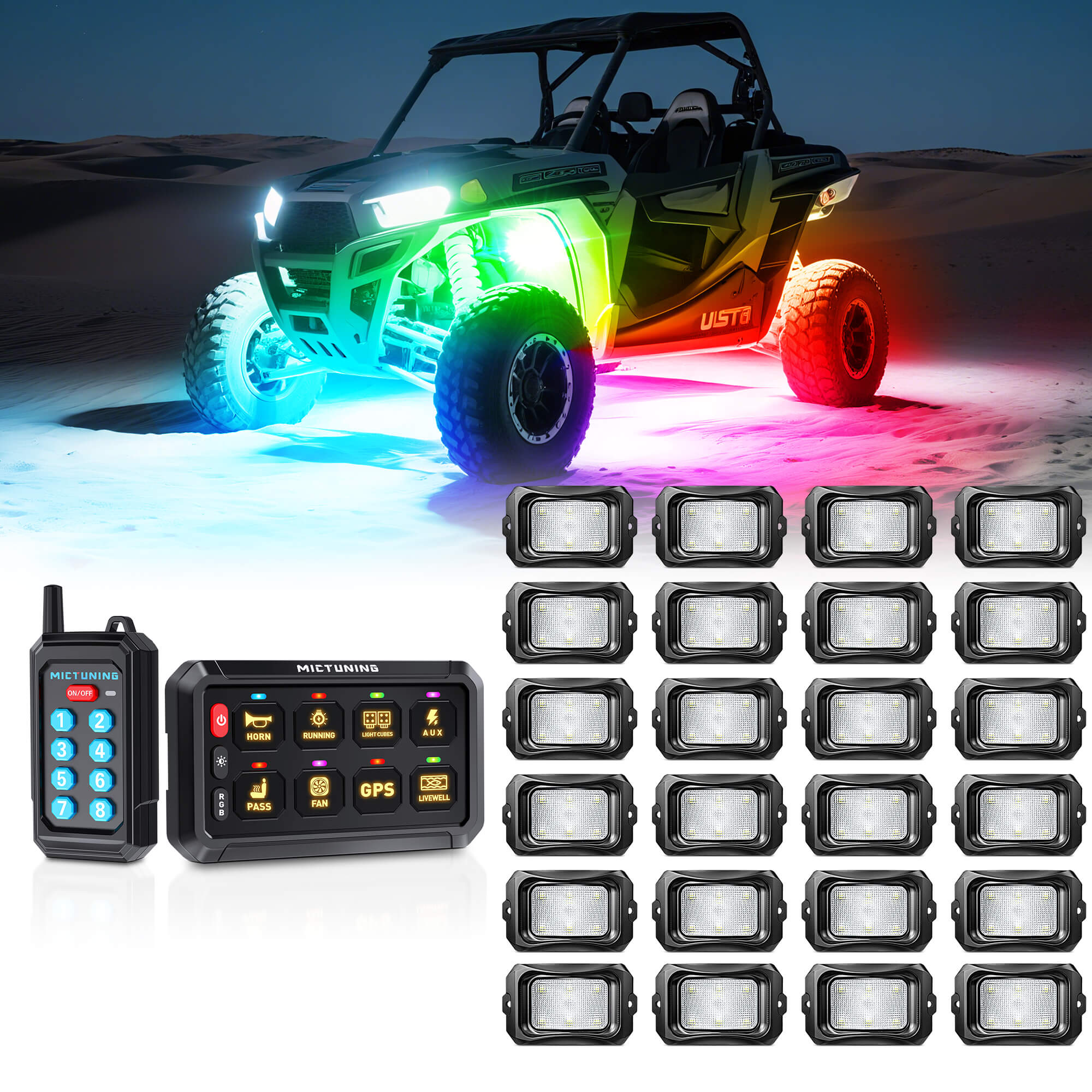 P1Y RGB Switch Panel with Remote Control Bundle with C2 RGB+IC LED Rock Lights Kit 8-24 Pods