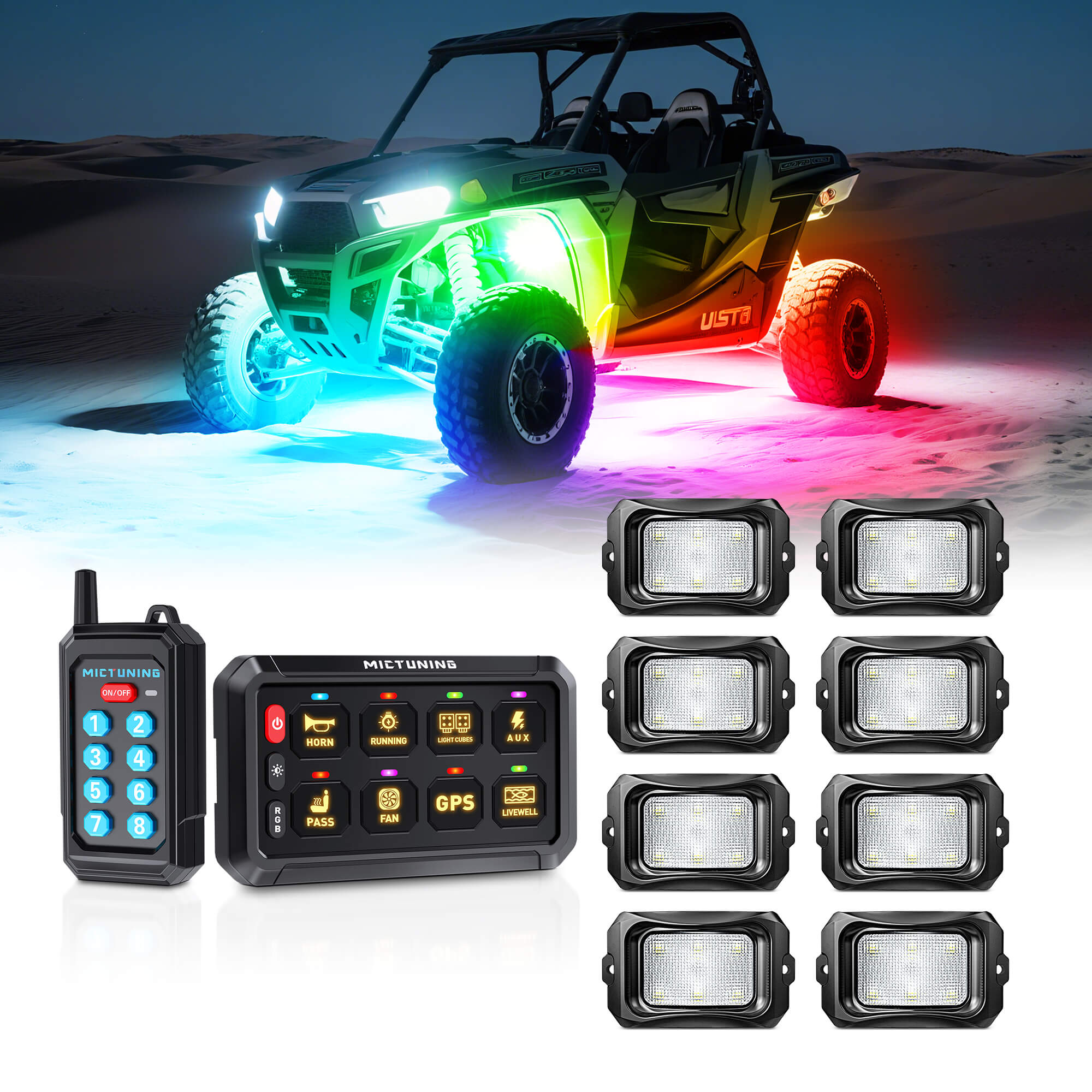 P1Y RGB Switch Panel with Remote Control Bundle with C2 RGB+IC LED Rock Lights Kit 8-24 Pods