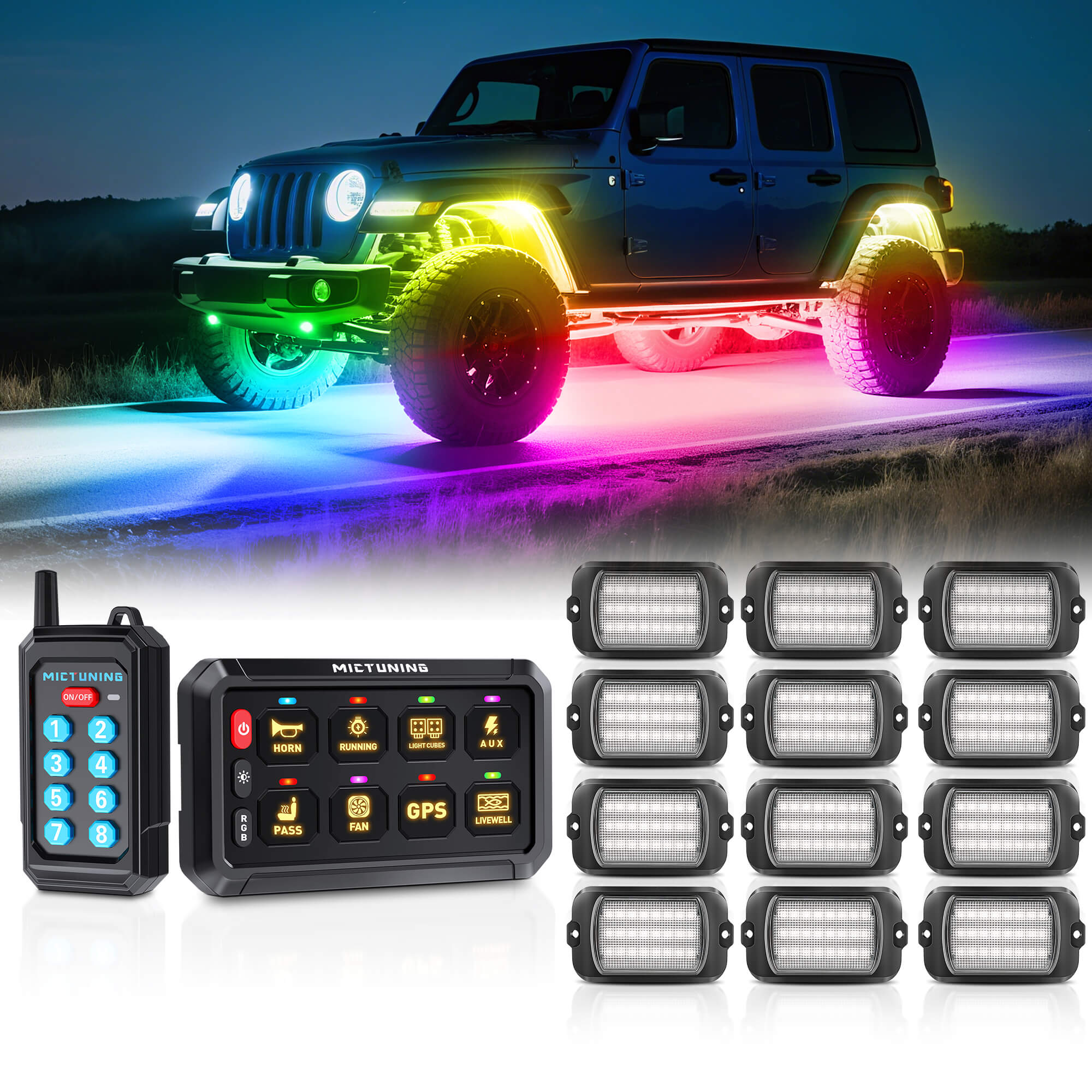 P1Y RGB Switch Panel with Remote Control Bundle with Q1 Max RGB+IC Rock Lights Kit 24LEDs/Pod Super Bright, 8-24 Pods