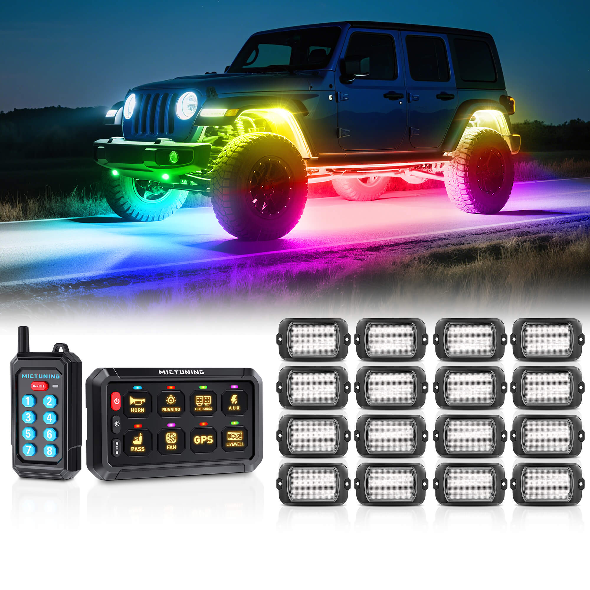 P1Y RGB Switch Panel with Remote Control Bundle with Q1 Max RGB+IC Rock Lights Kit 24LEDs/Pod Super Bright, 8-24 Pods