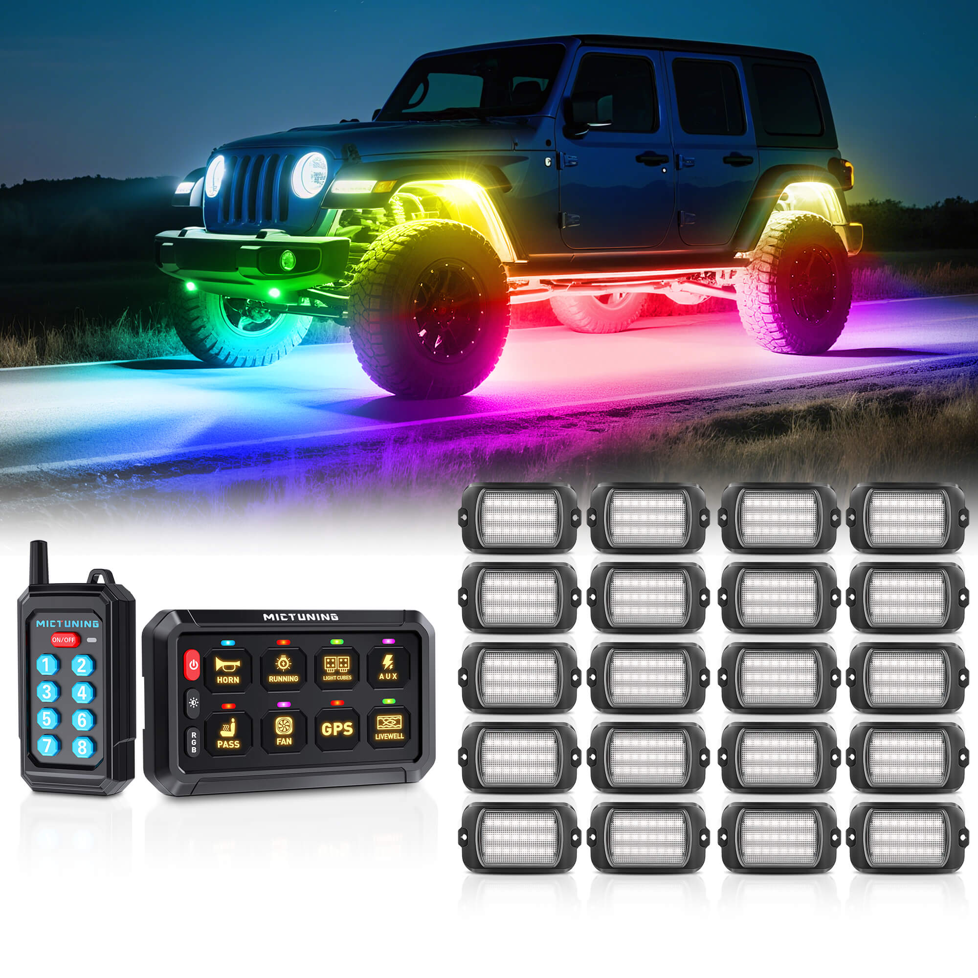 P1Y RGB Switch Panel with Remote Control Bundle with Q1 Max RGB+IC Rock Lights Kit 24LEDs/Pod Super Bright, 8-24 Pods