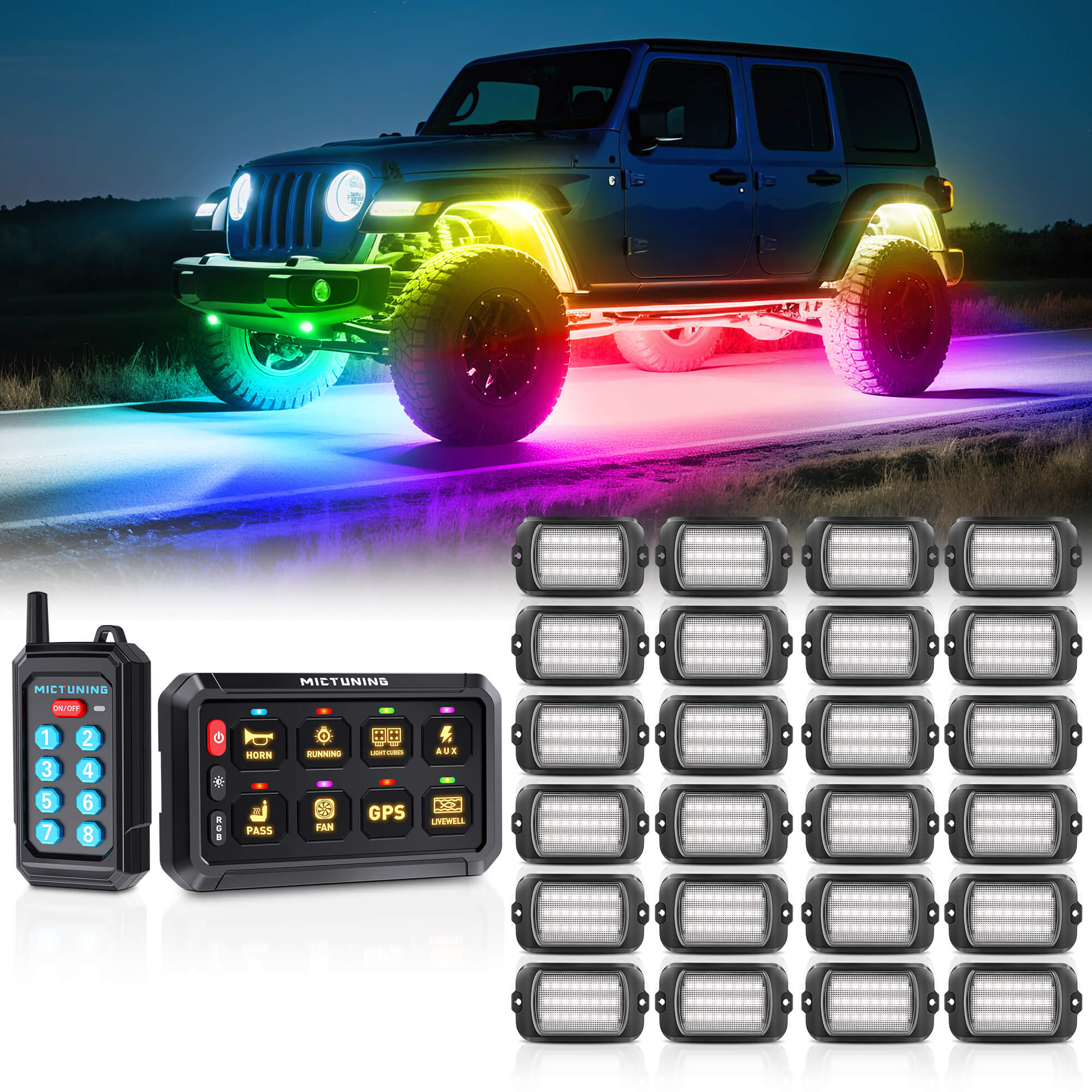 P1Y RGB Switch Panel with Remote Control Bundle with Q1 Max RGB+IC Rock Lights Kit 24LEDs/Pod Super Bright, 8-24 Pods