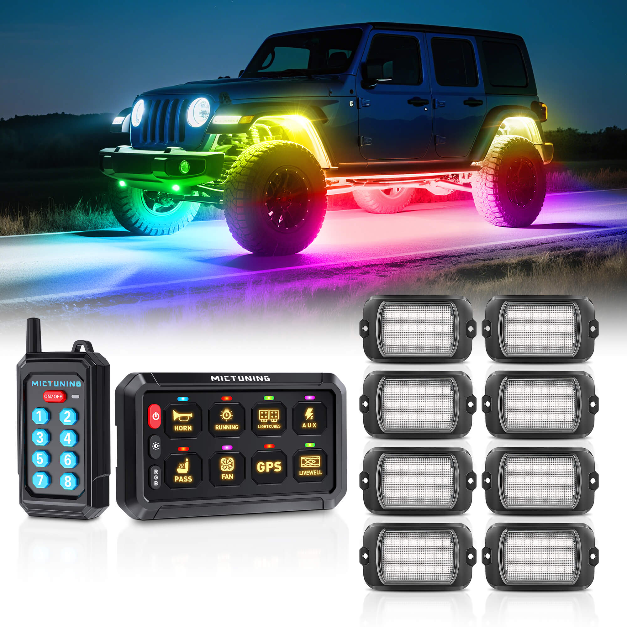 P1Y RGB Switch Panel with Remote Control Bundle with Q1 Max RGB+IC Rock Lights Kit 24LEDs/Pod Super Bright, 8-24 Pods