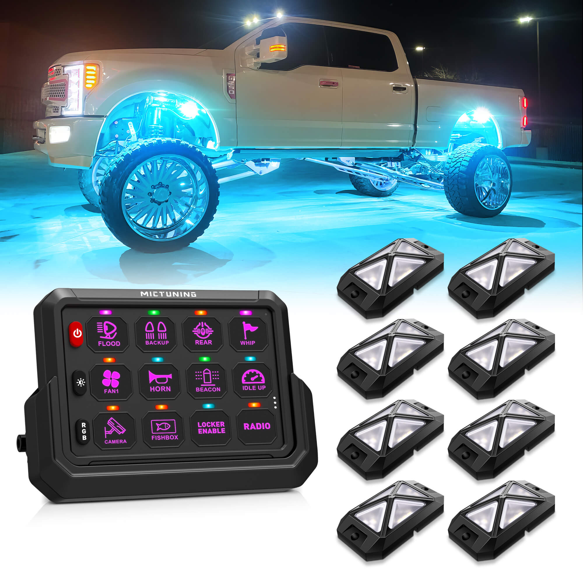 C4 4-Sided RGBW LED Rock Lights 8-16 Pods Bundle with P1s-AC Wireless RGB Switch Panel 8/12 Gang