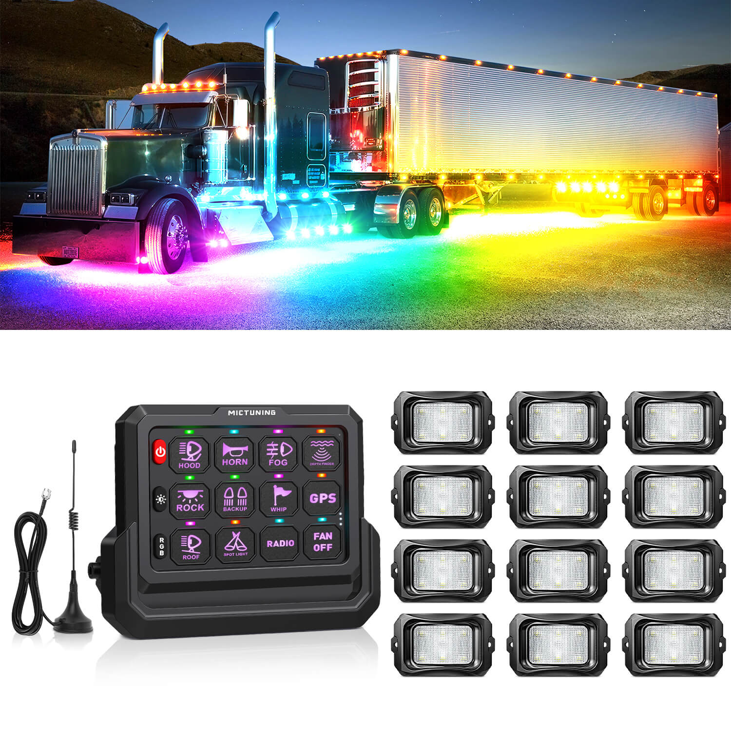 C2 Max RGB+IC Chasing Color Rock Lights 8-24 Pods Bundle with P1s-W Wireless RGB Switch Panel 8/12 Gang, Up to 328FT Range