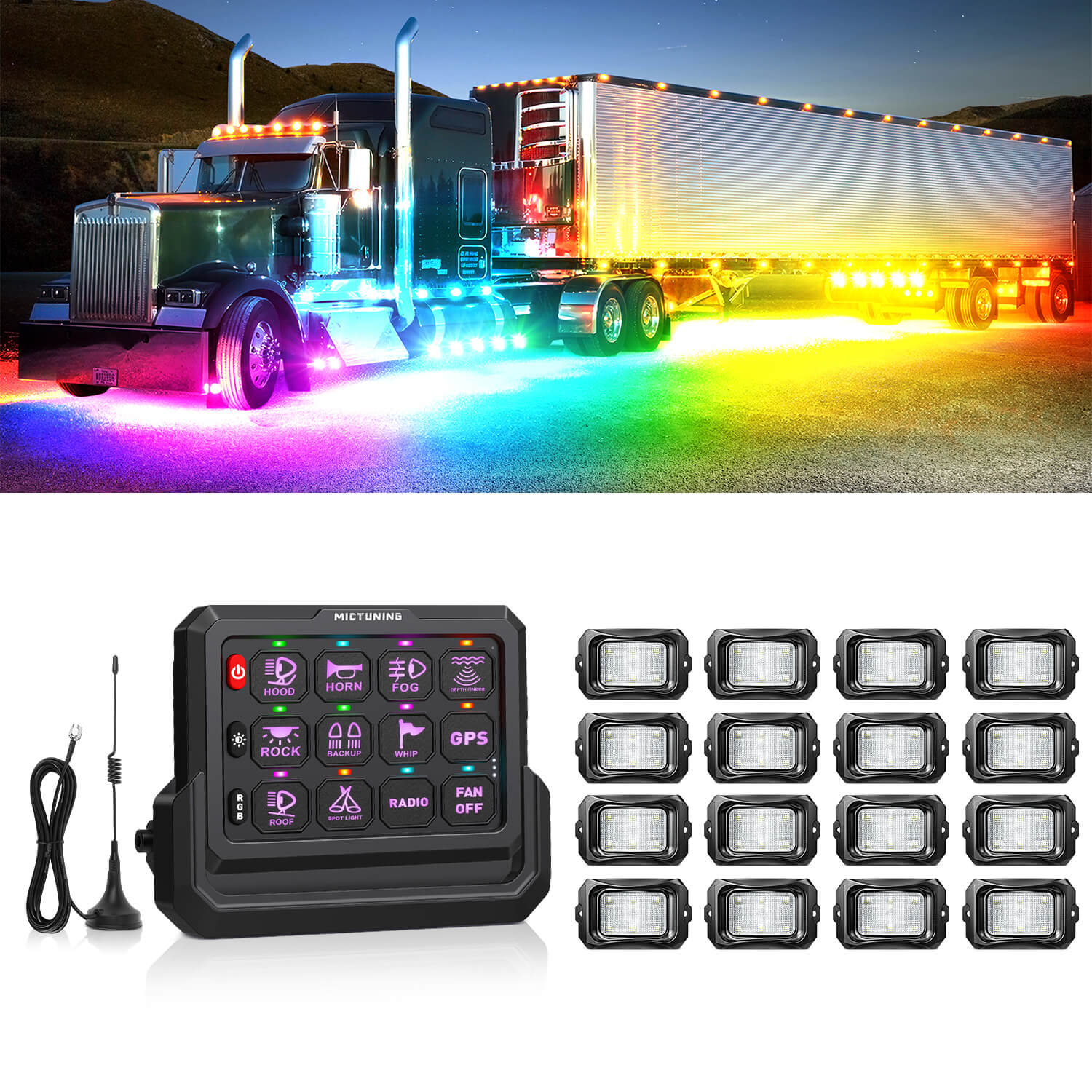C2 Max RGB+IC Chasing Color Rock Lights 8-24 Pods Bundle with P1s-W Wireless RGB Switch Panel 8/12 Gang, Up to 328FT Range