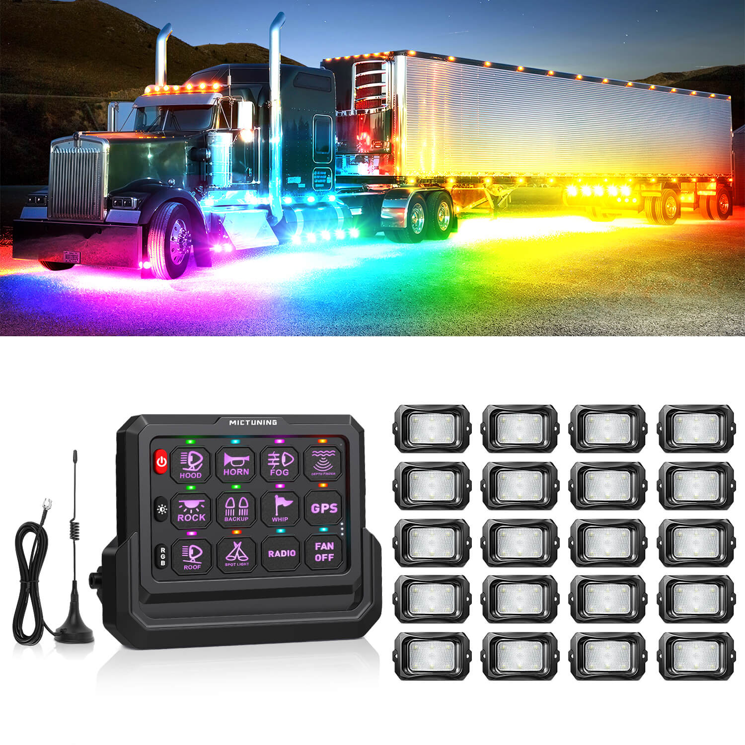 C2 Max RGB+IC Chasing Color Rock Lights 8-24 Pods Bundle with P1s-W Wireless RGB Switch Panel 8/12 Gang, Up to 328FT Range