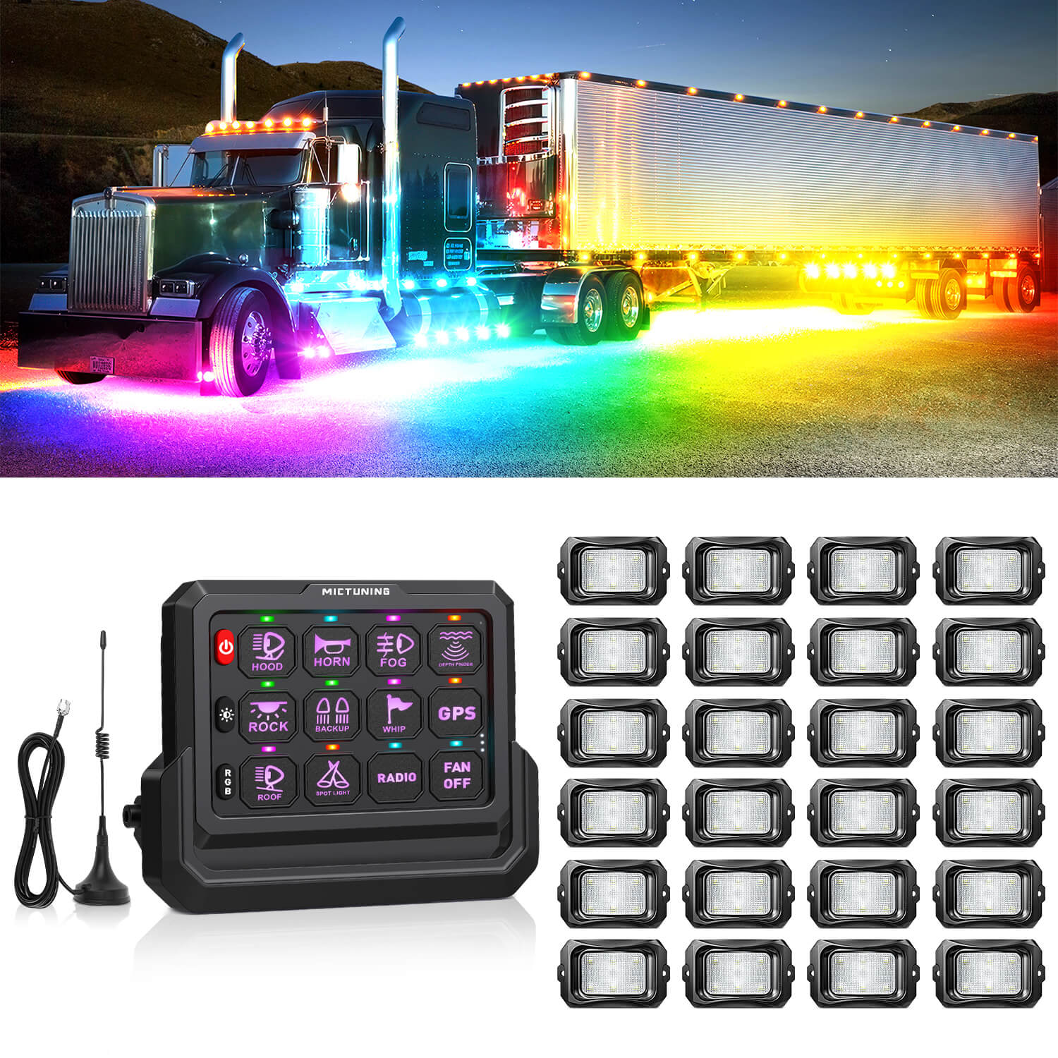 C2 Max RGB+IC Chasing Color Rock Lights 8-24 Pods Bundle with P1s-W Wireless RGB Switch Panel 8/12 Gang, Up to 328FT Range