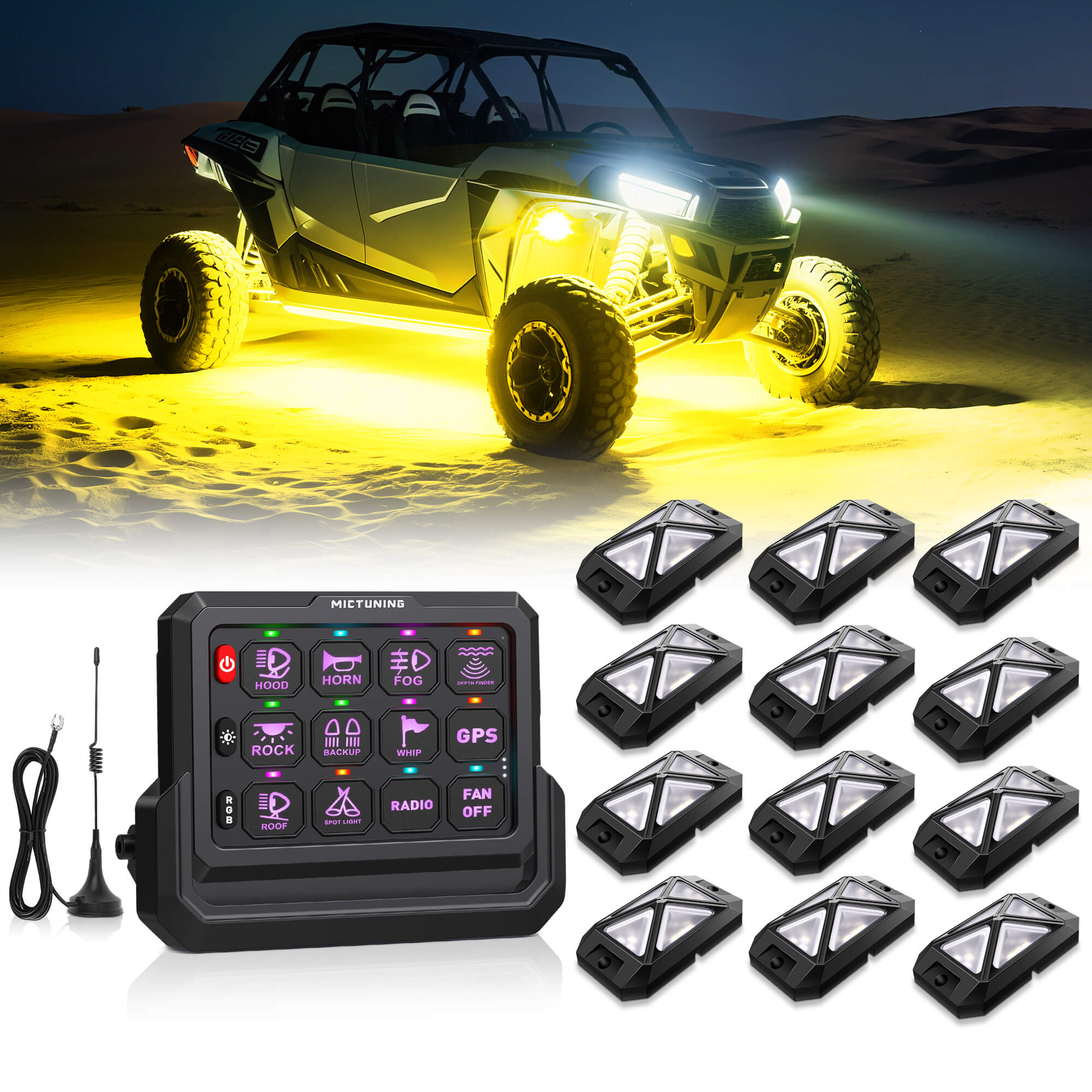 C4 4-Sided RGBW LED Rock Lights 8-16 Pods Bundle with P1s-W Wireless RGB Switch Panel 8/12 Gang, Up to 328FT Range