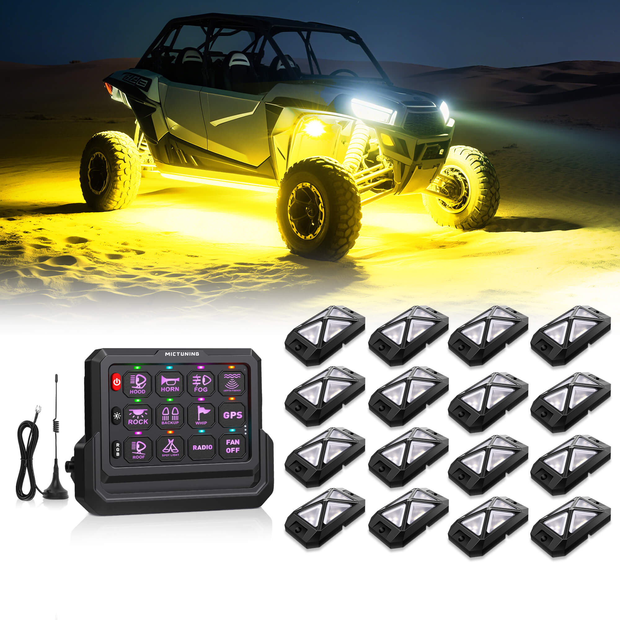 C4 4-Sided RGBW LED Rock Lights 8-16 Pods Bundle with P1s-W Wireless RGB Switch Panel 8/12 Gang, Up to 328FT Range