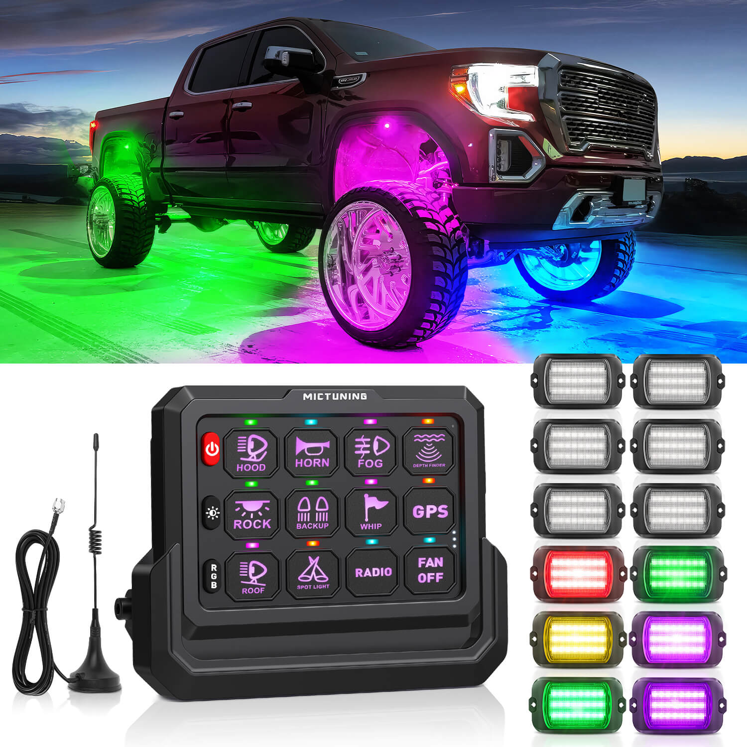Q1 Max RGB+IC Rock Lights 8-24 Pods Bundle with P1s-W Wireless RGB Switch Panel 8/12 Gang, Up to 328FT Range