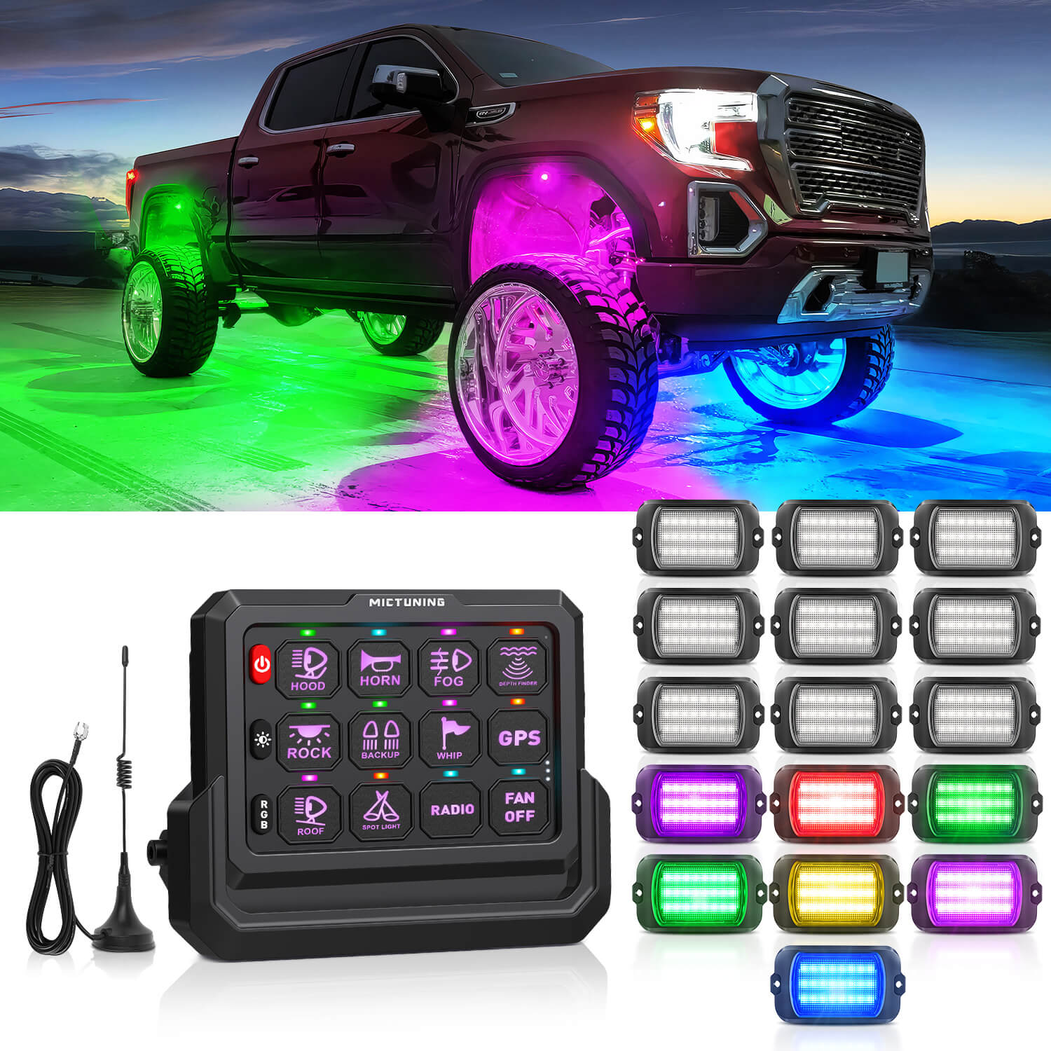 Q1 Max RGB+IC Rock Lights 8-24 Pods Bundle with P1s-W Wireless RGB Switch Panel 8/12 Gang, Up to 328FT Range