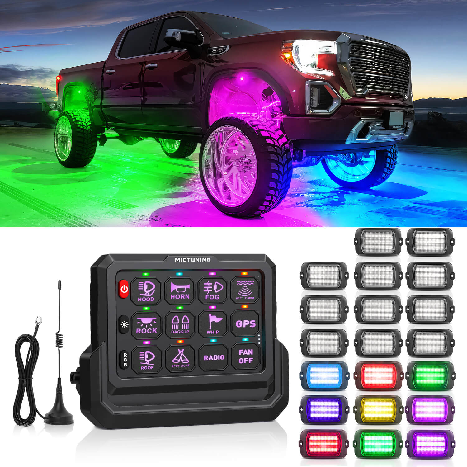 Q1 Max RGB+IC Rock Lights 8-24 Pods Bundle with P1s-W Wireless RGB Switch Panel 8/12 Gang, Up to 328FT Range