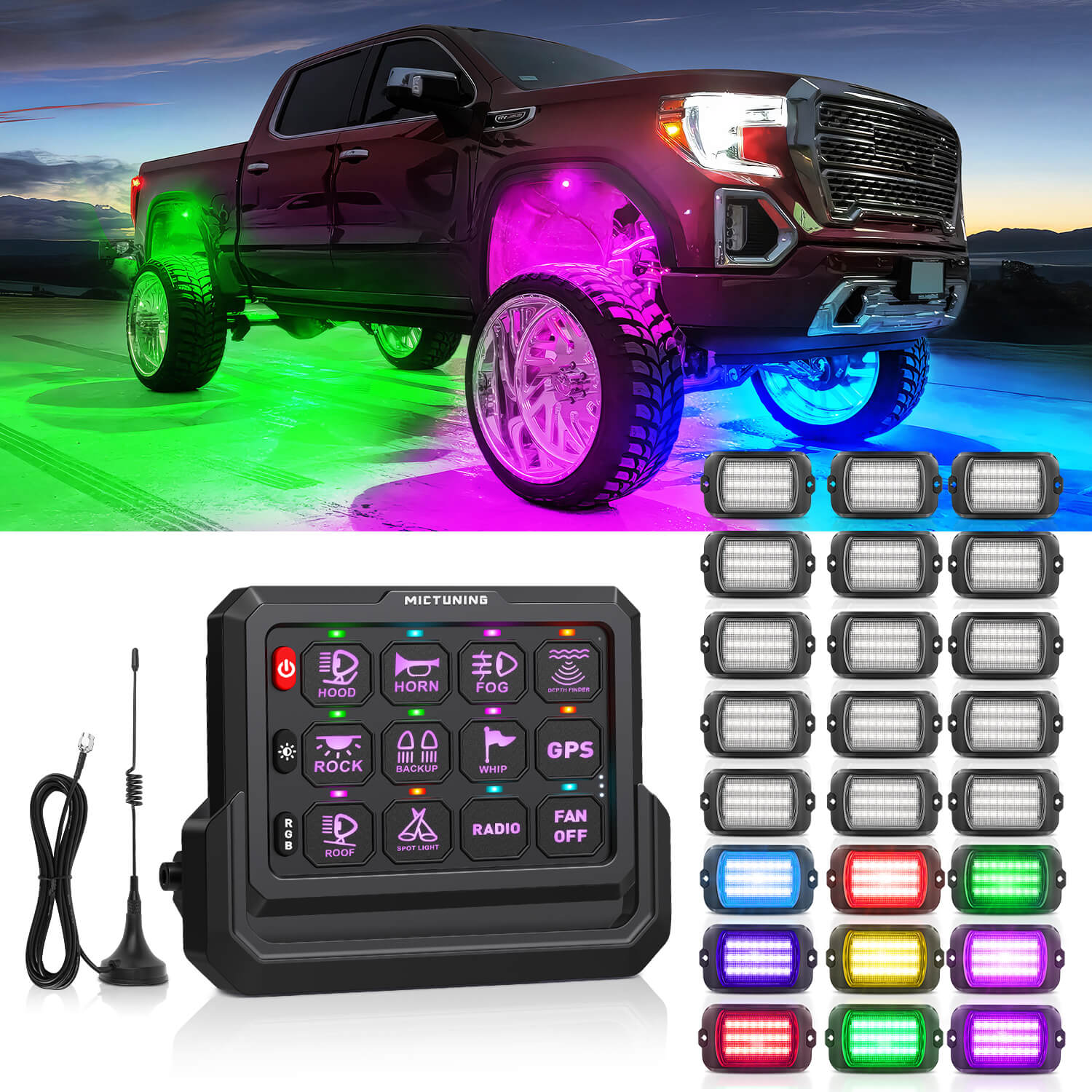 Q1 Max RGB+IC Rock Lights 8-24 Pods Bundle with P1s-W Wireless RGB Switch Panel 8/12 Gang, Up to 328FT Range