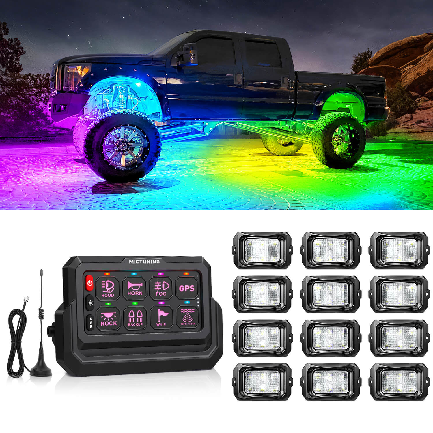 C2 Max RGB+IC Chasing Color Rock Lights 8-24 Pods Bundle with P1s-W Wireless RGB Switch Panel 8/12 Gang, Up to 328FT Range