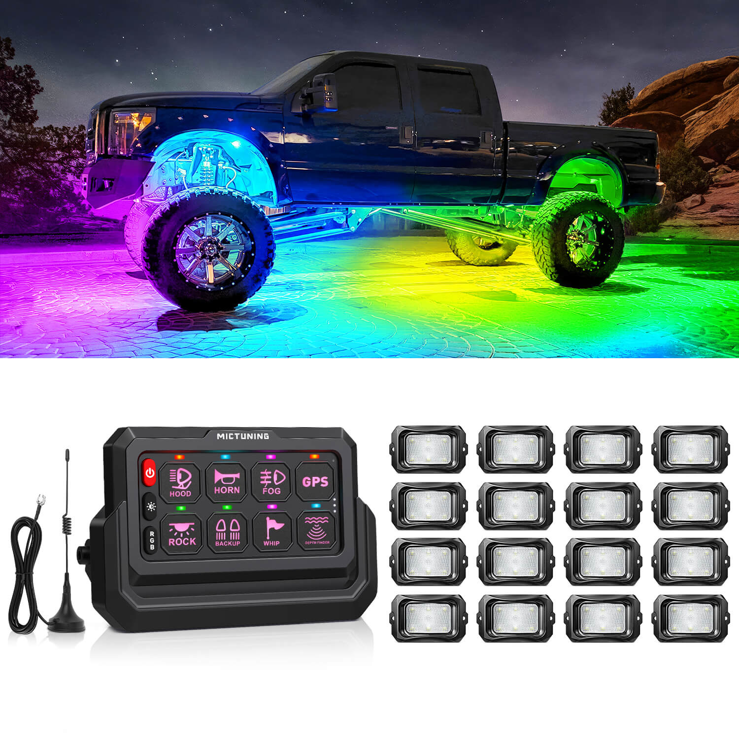 C2 Max RGB+IC Chasing Color Rock Lights 8-24 Pods Bundle with P1s-W Wireless RGB Switch Panel 8/12 Gang, Up to 328FT Range