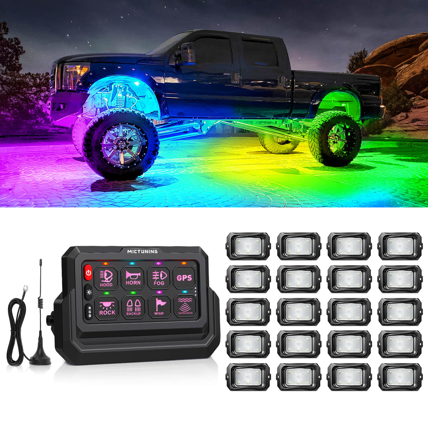 C2 Max RGB+IC Chasing Color Rock Lights 8-24 Pods Bundle with P1s-W Wireless RGB Switch Panel 8/12 Gang, Up to 328FT Range