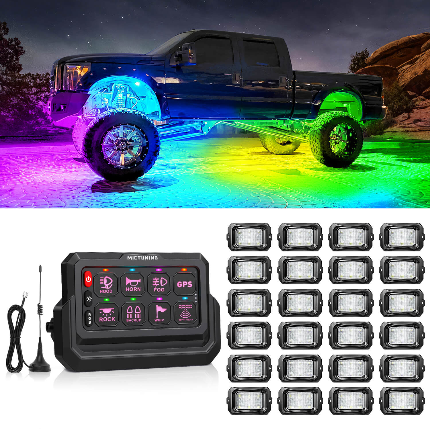 C2 Max RGB+IC Chasing Color Rock Lights 8-24 Pods Bundle with P1s-W Wireless RGB Switch Panel 8/12 Gang, Up to 328FT Range
