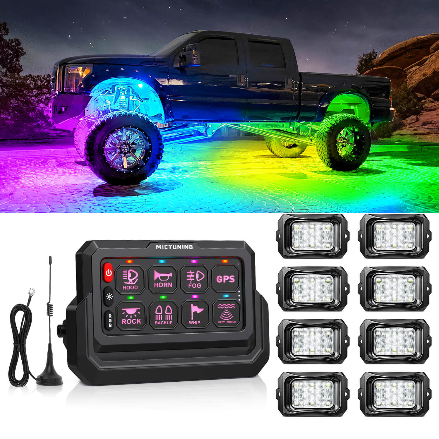 C2 Max RGB+IC Chasing Color Rock Lights 8-24 Pods Bundle with P1s-W Wireless RGB Switch Panel 8/12 Gang, Up to 328FT Range