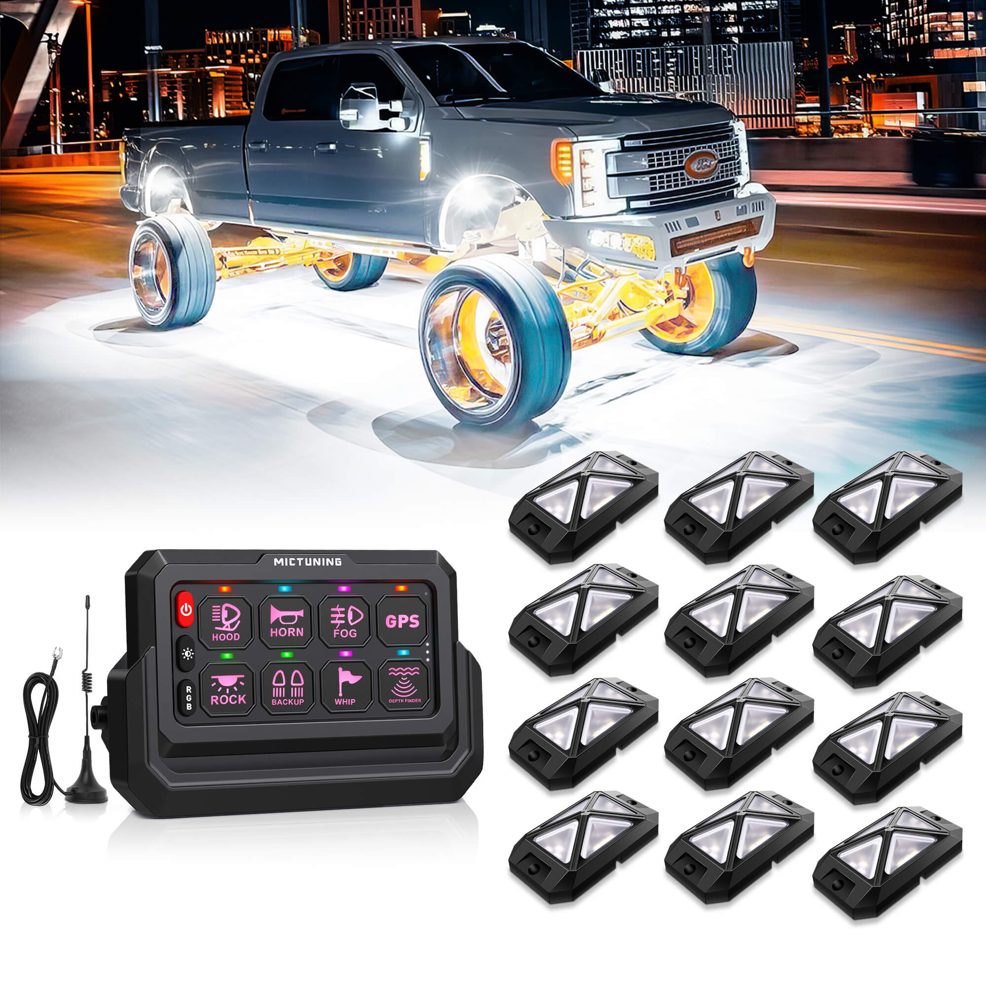 C4 4-Sided RGBW LED Rock Lights 8-16 Pods Bundle with P1s-W Wireless RGB Switch Panel 8/12 Gang, Up to 328FT Range