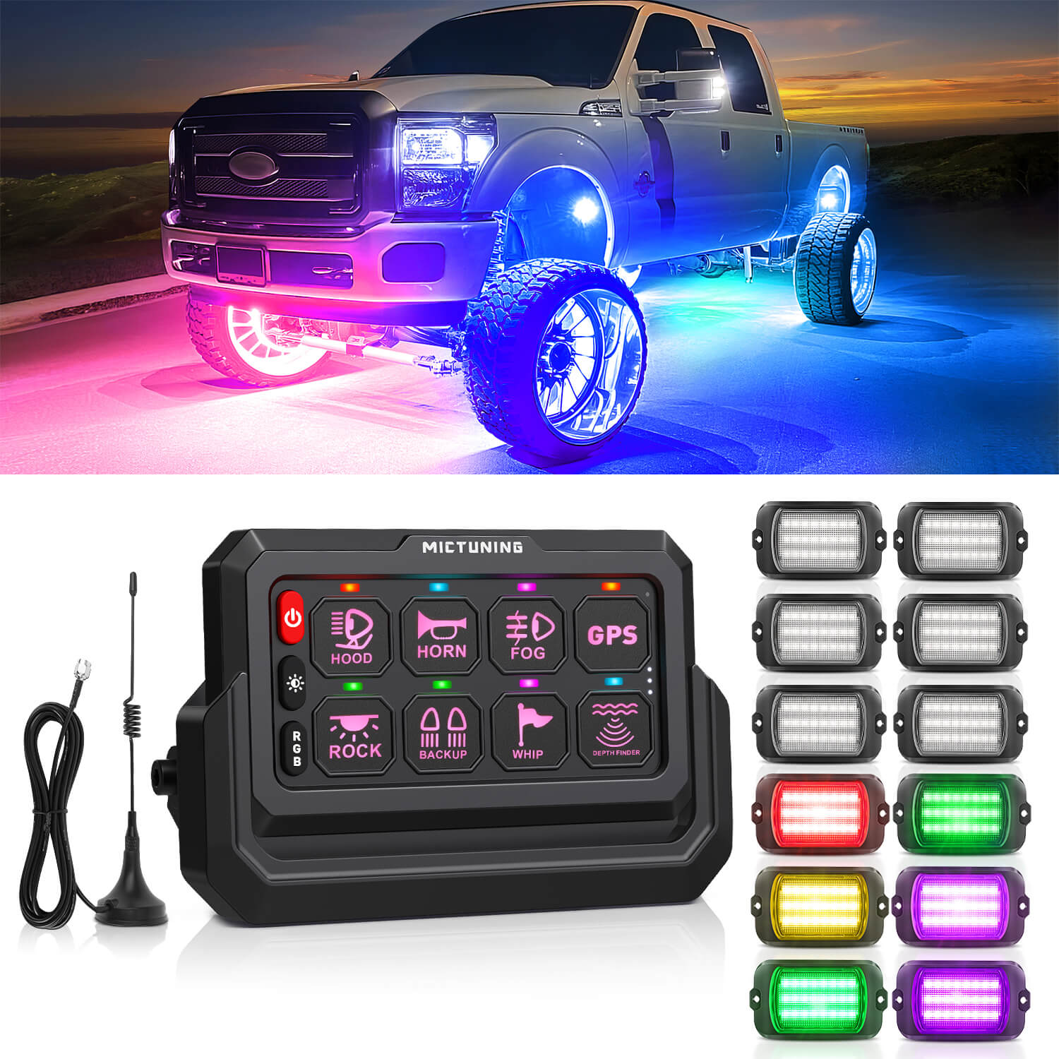 Q1 Max RGB+IC Rock Lights 8-24 Pods Bundle with P1s-W Wireless RGB Switch Panel 8/12 Gang, Up to 328FT Range