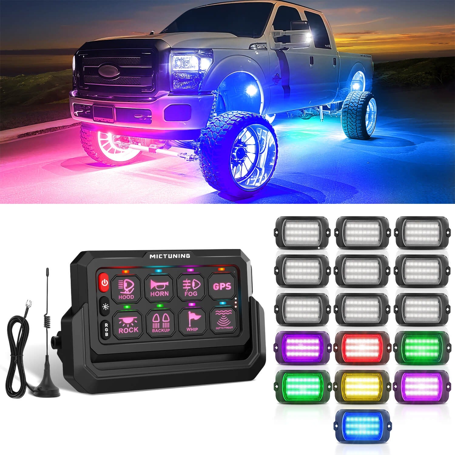 Q1 Max RGB+IC Rock Lights 8-24 Pods Bundle with P1s-W Wireless RGB Switch Panel 8/12 Gang, Up to 328FT Range