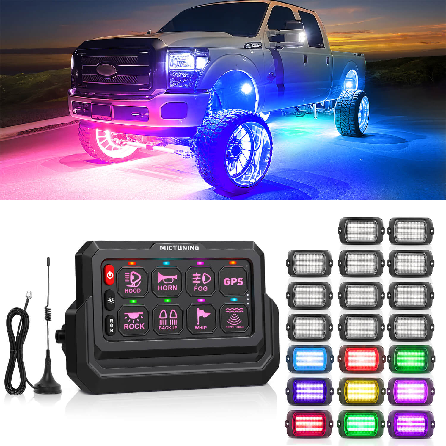 Q1 Max RGB+IC Rock Lights 8-24 Pods Bundle with P1s-W Wireless RGB Switch Panel 8/12 Gang, Up to 328FT Range