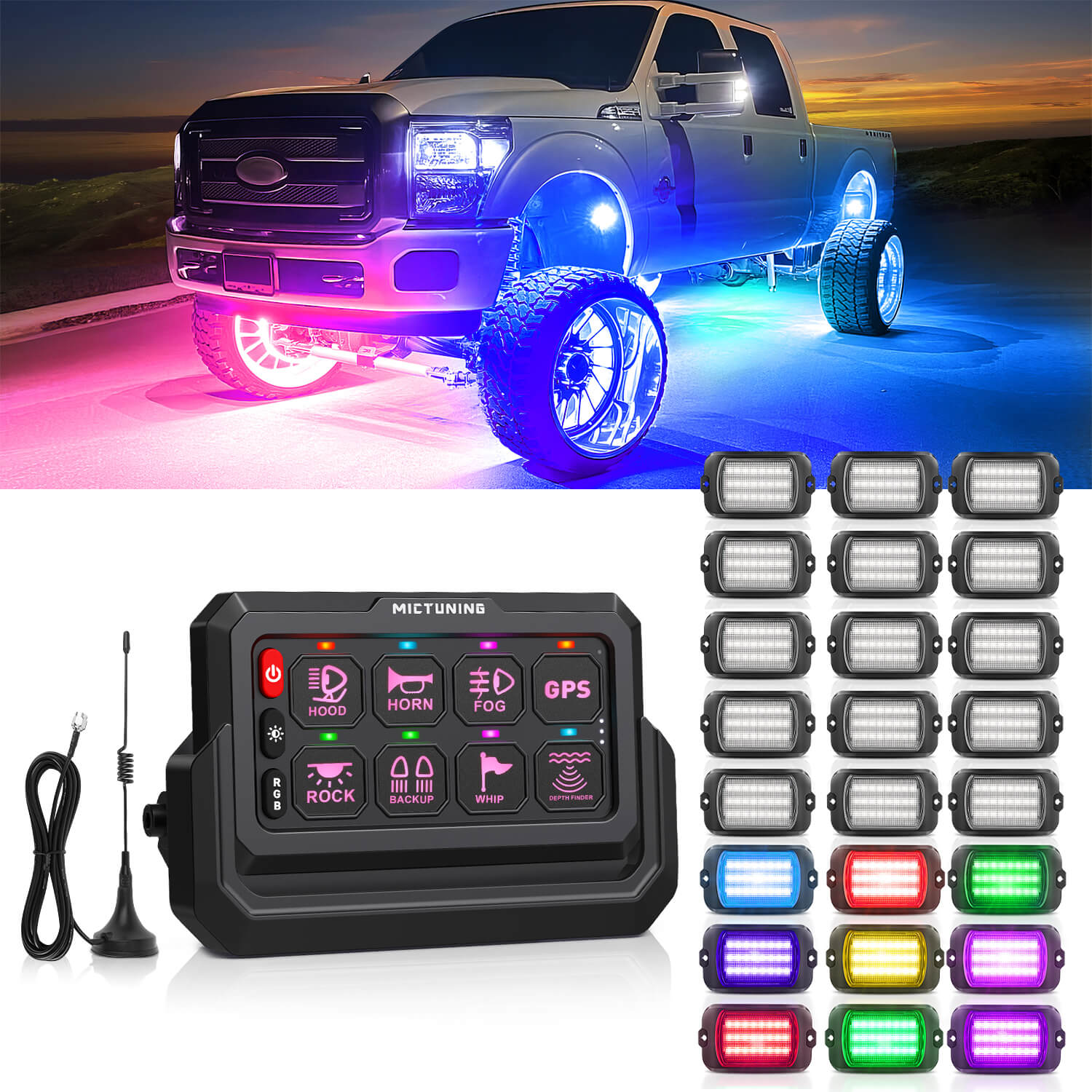 Q1 Max RGB+IC Rock Lights 8-24 Pods Bundle with P1s-W Wireless RGB Switch Panel 8/12 Gang, Up to 328FT Range