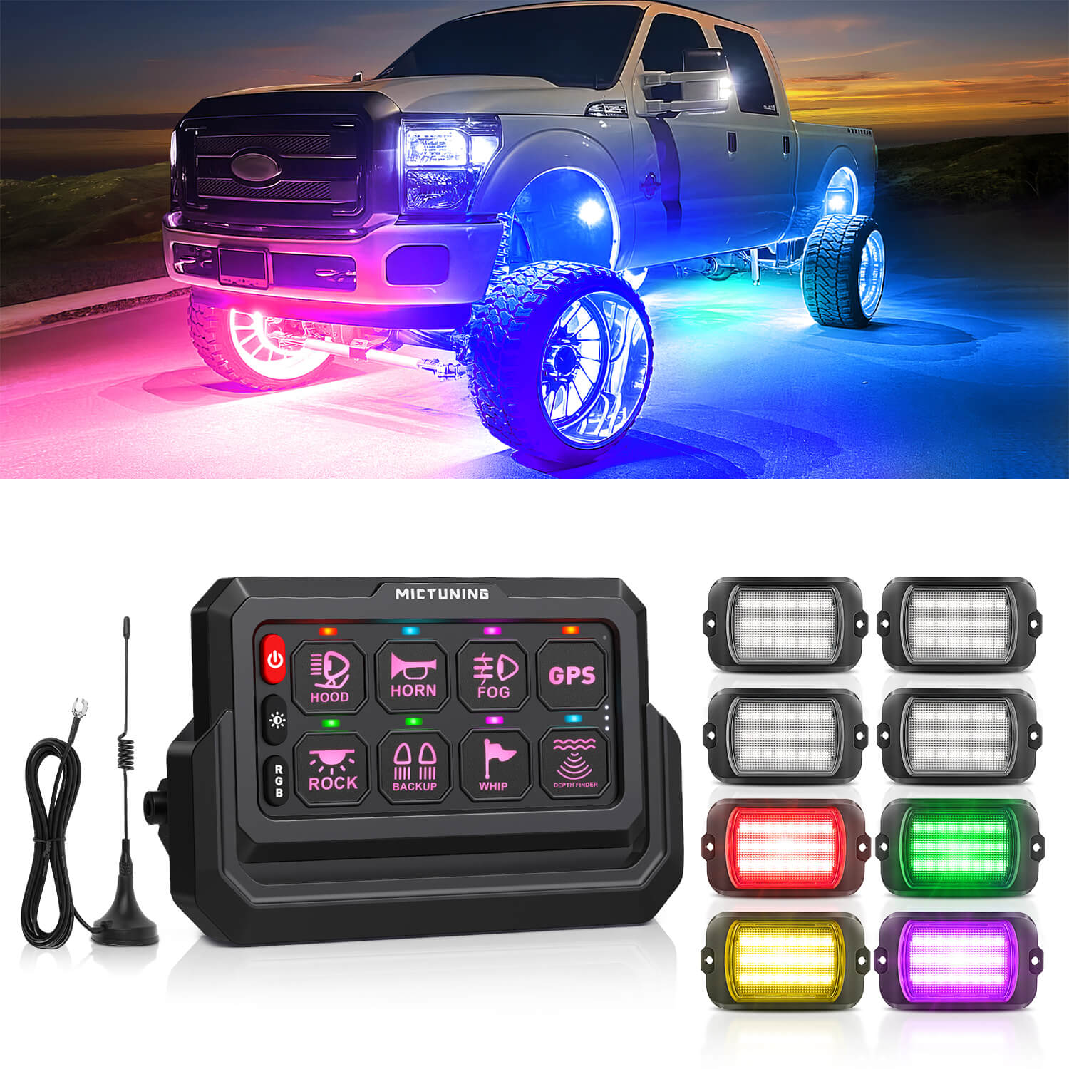 Q1 Max RGB+IC Rock Lights 8-24 Pods Bundle with P1s-W Wireless RGB Switch Panel 8/12 Gang, Up to 328FT Range