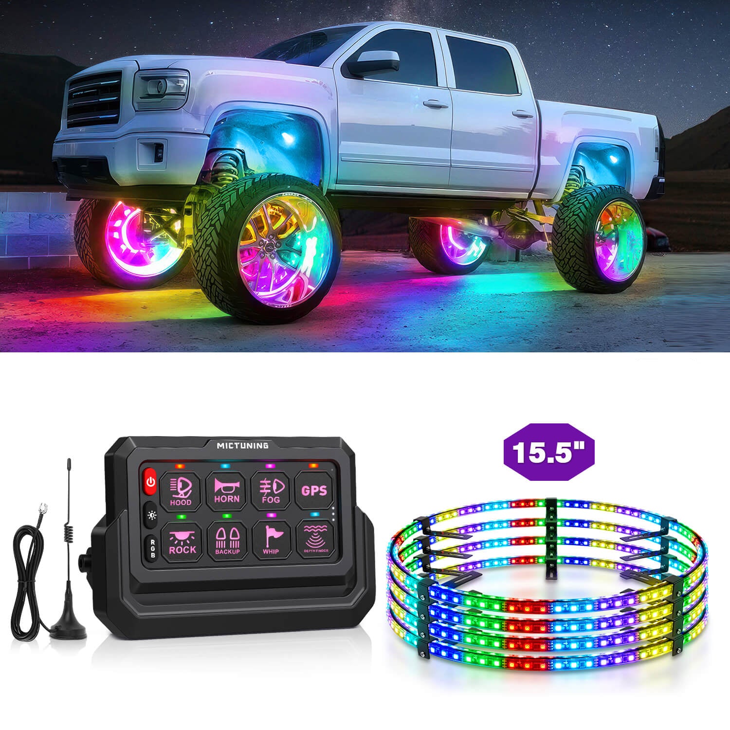 15.5″/17″ V1 RGB+IC Chasing Color Wheel Ring Lights Kit Bundle with P1s-W Wireless RGB Switch Panel 8/12 Gang, Up to 328FT Range