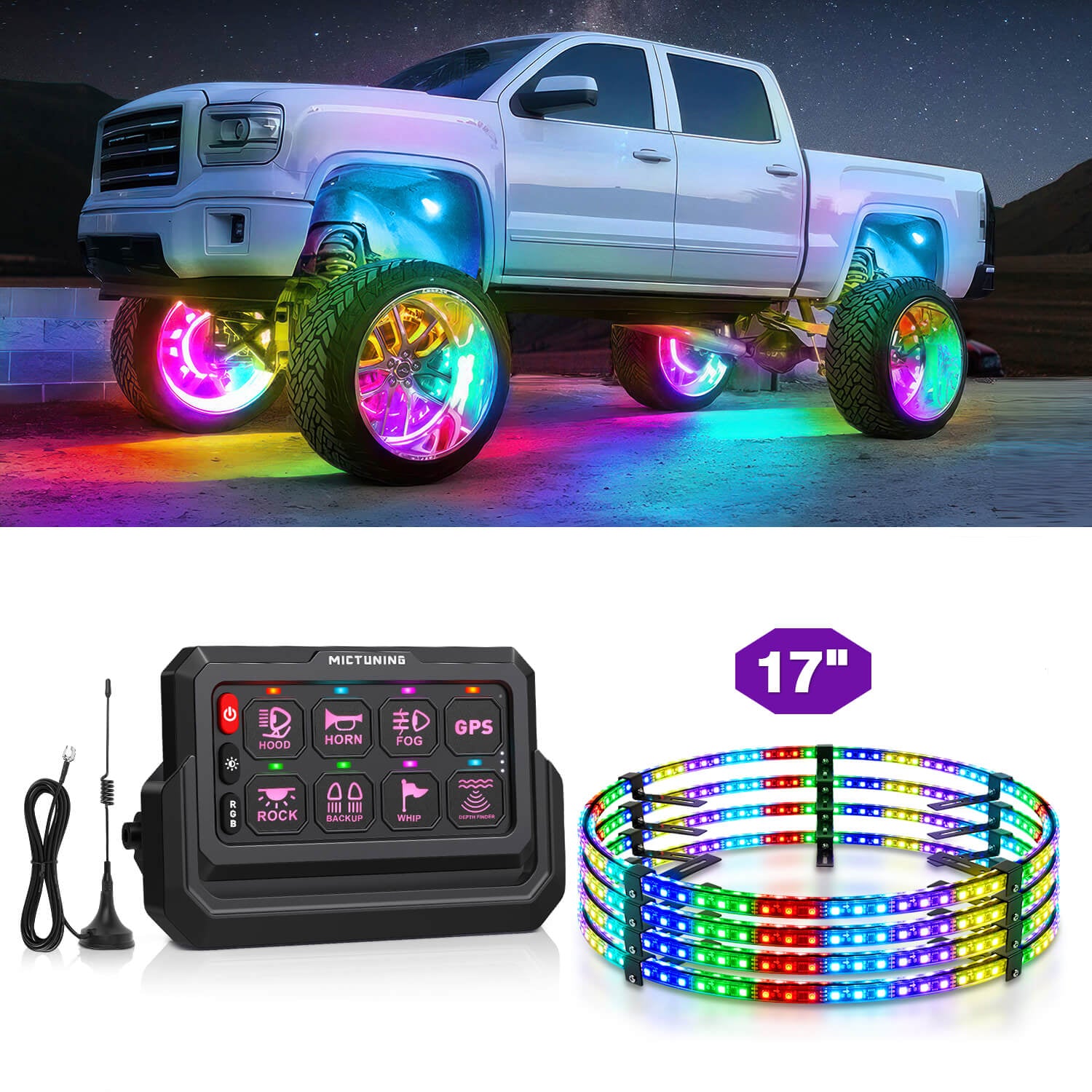 15.5″/17″ V1 RGB+IC Chasing Color Wheel Ring Lights Kit Bundle with P1s-W Wireless RGB Switch Panel 8/12 Gang, Up to 328FT Range