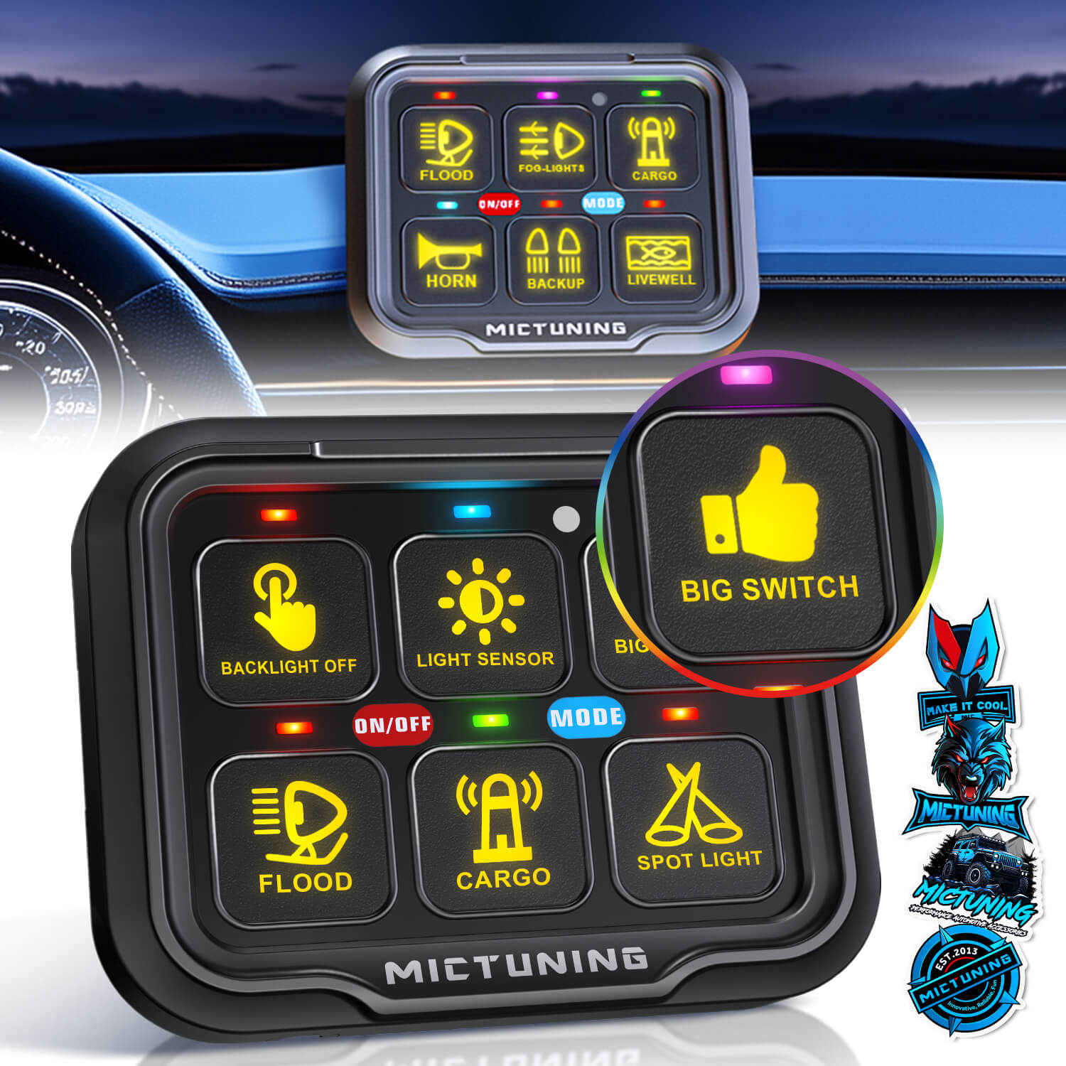 C3 Extensible RGBW LED Rock Lights 8-16 Pods Bundle with P8-Ultra 6/8 Gang Switch Panel, Larger & Tactile Switches