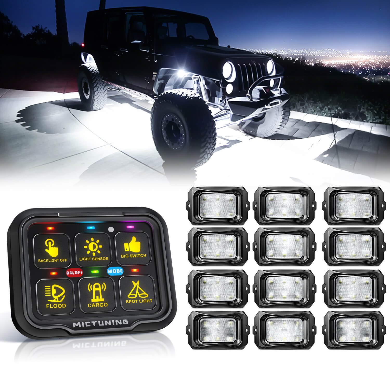 C2 RGBW LED Rock Lights Kit 8-16 Pods Bundle with P8-Ultra 6/8 Gang Switch Panel, Larger & Tactile Switches
