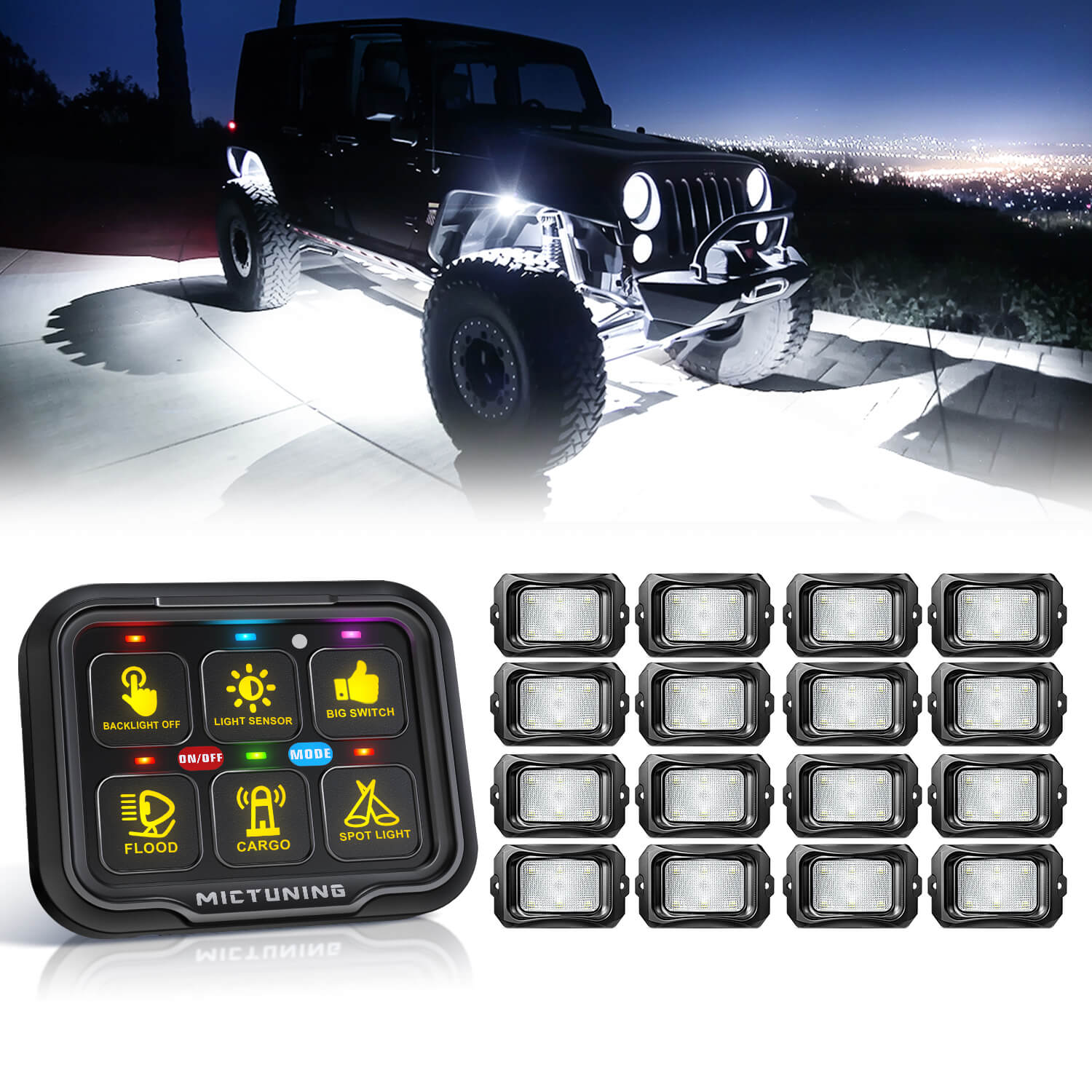 C2 RGBW LED Rock Lights Kit 8-16 Pods Bundle with P8-Ultra 6/8 Gang Switch Panel, Larger & Tactile Switches