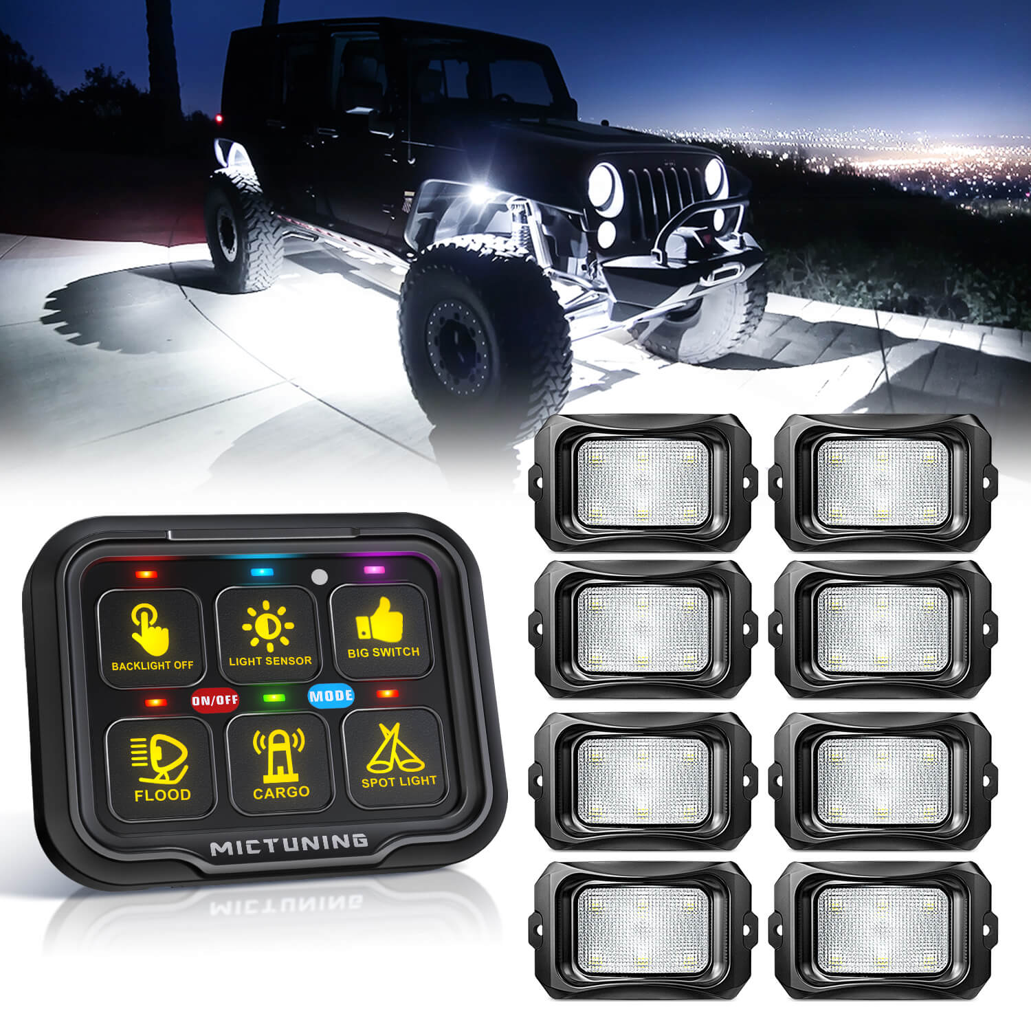 C2 RGBW LED Rock Lights Kit 8-16 Pods Bundle with P8-Ultra 6/8 Gang Switch Panel, Larger & Tactile Switches