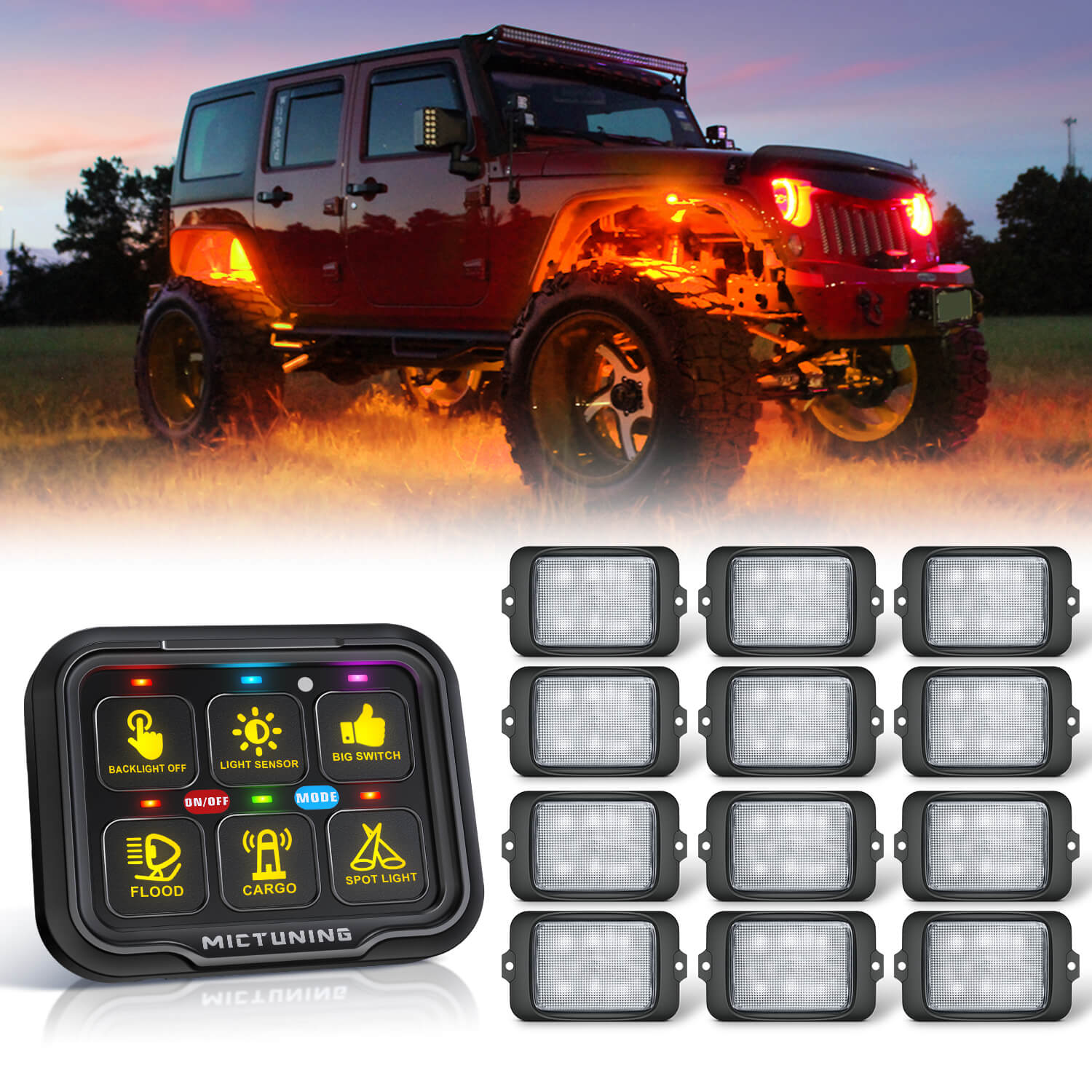 C3 Extensible RGBW LED Rock Lights 8-16 Pods Bundle with P8-Ultra 6/8 Gang Switch Panel, Larger & Tactile Switches