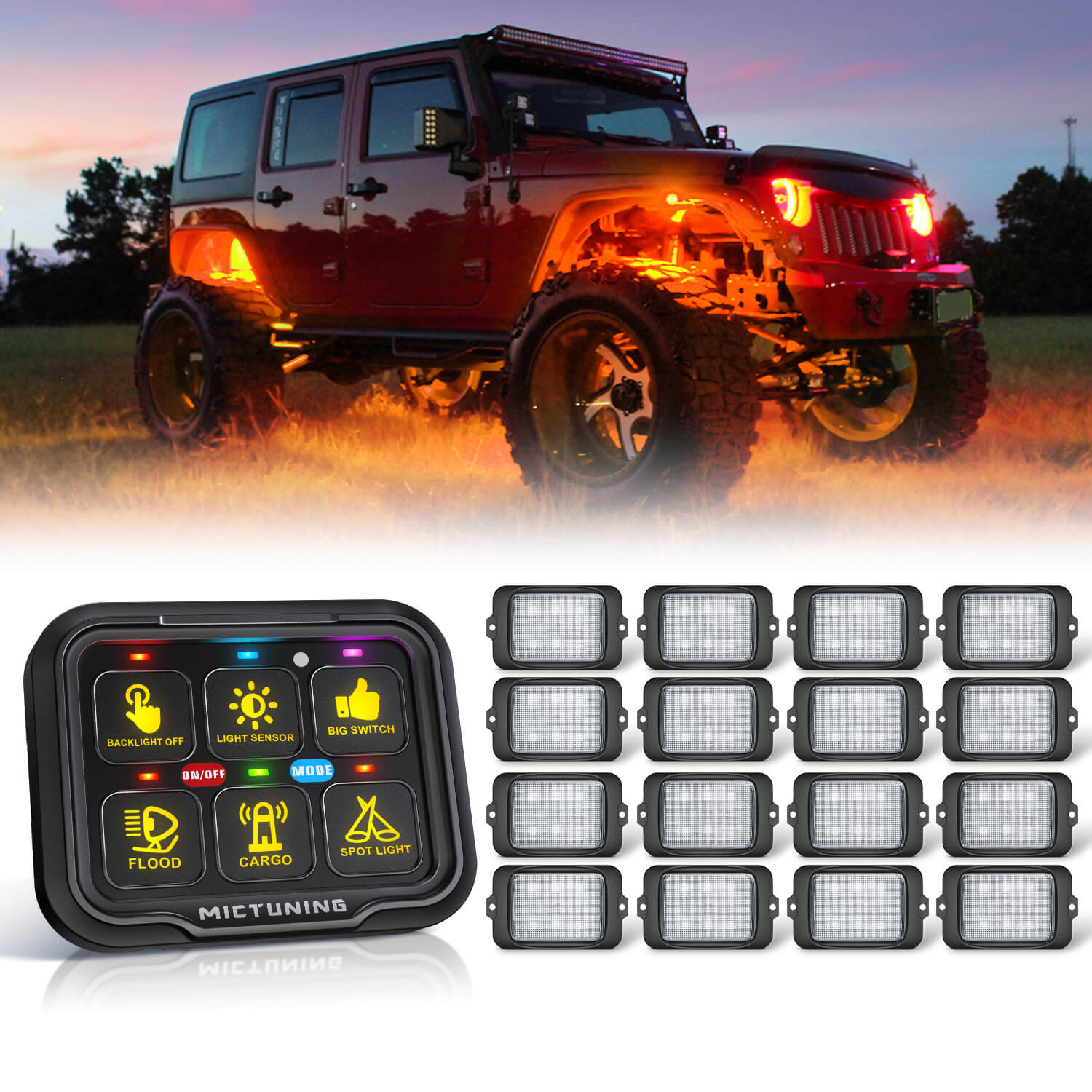 C3 Extensible RGBW LED Rock Lights 8-16 Pods Bundle with P8-Ultra 6/8 Gang Switch Panel, Larger & Tactile Switches
