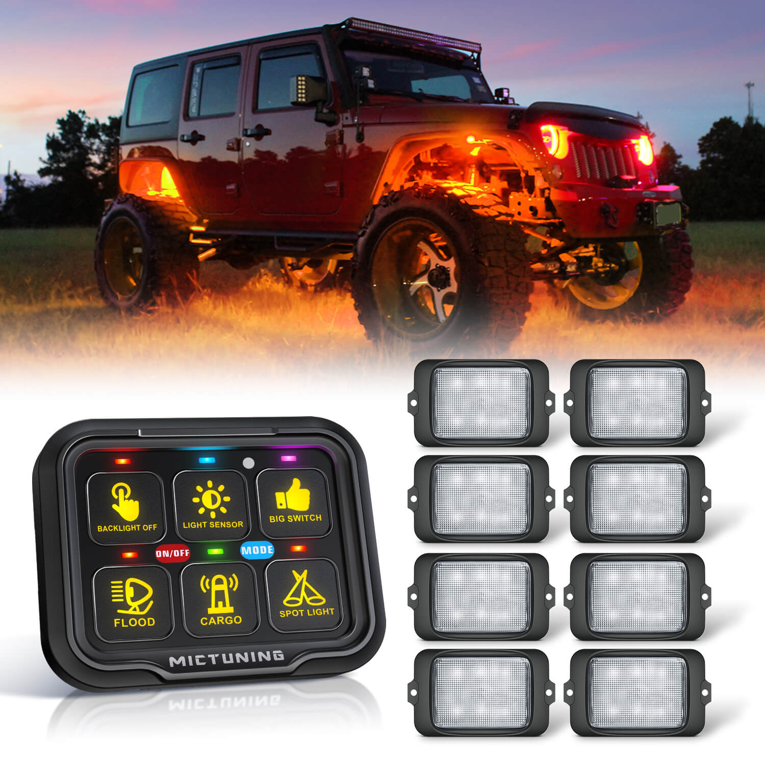 MICTUNING C3 RGBW Rock Lights Bundle with P8-Ultra 6/8 Gang Switch