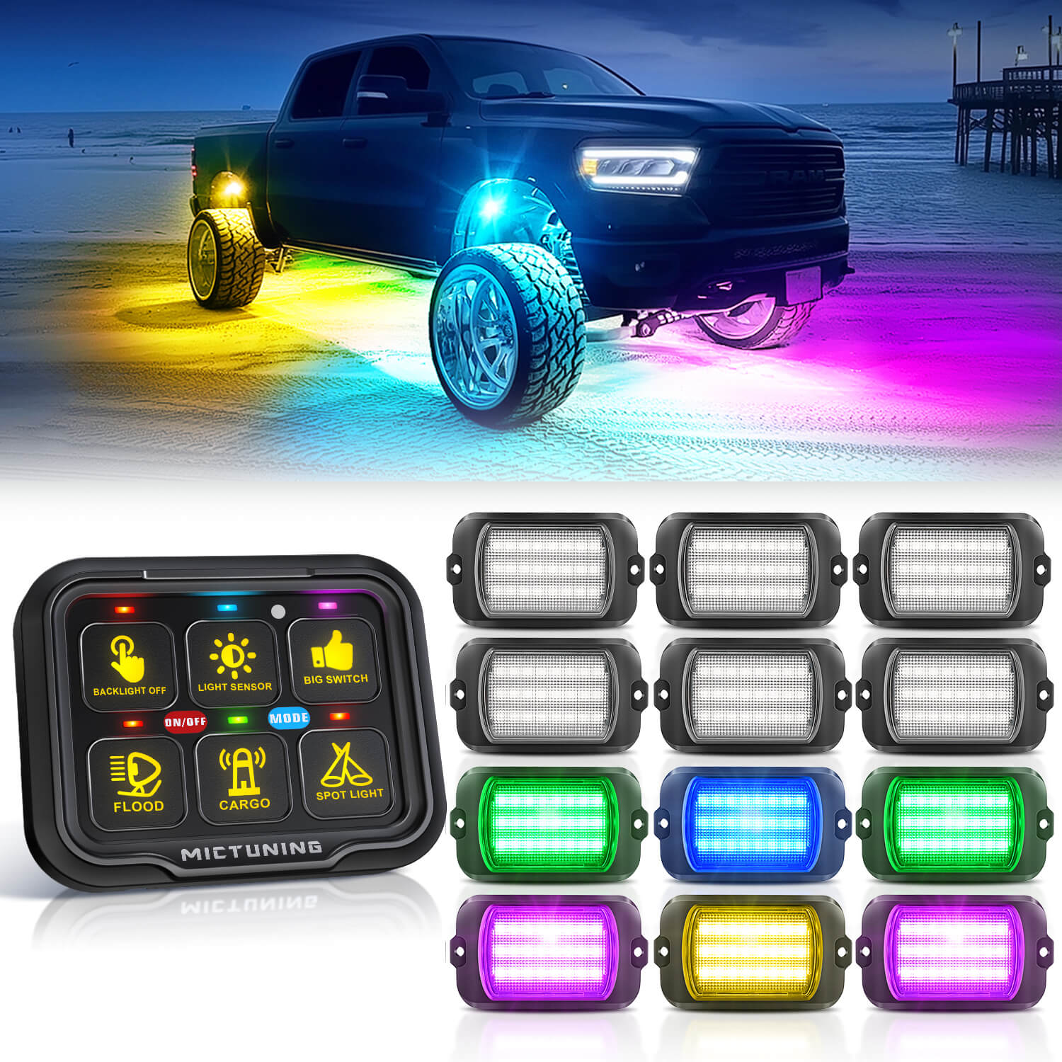 Q1 Max RGB+IC Rock Lights 8-24 Pods Bundle with P8-Ultra 6/8 Gang Switch Panel, Larger & Tactile Switches