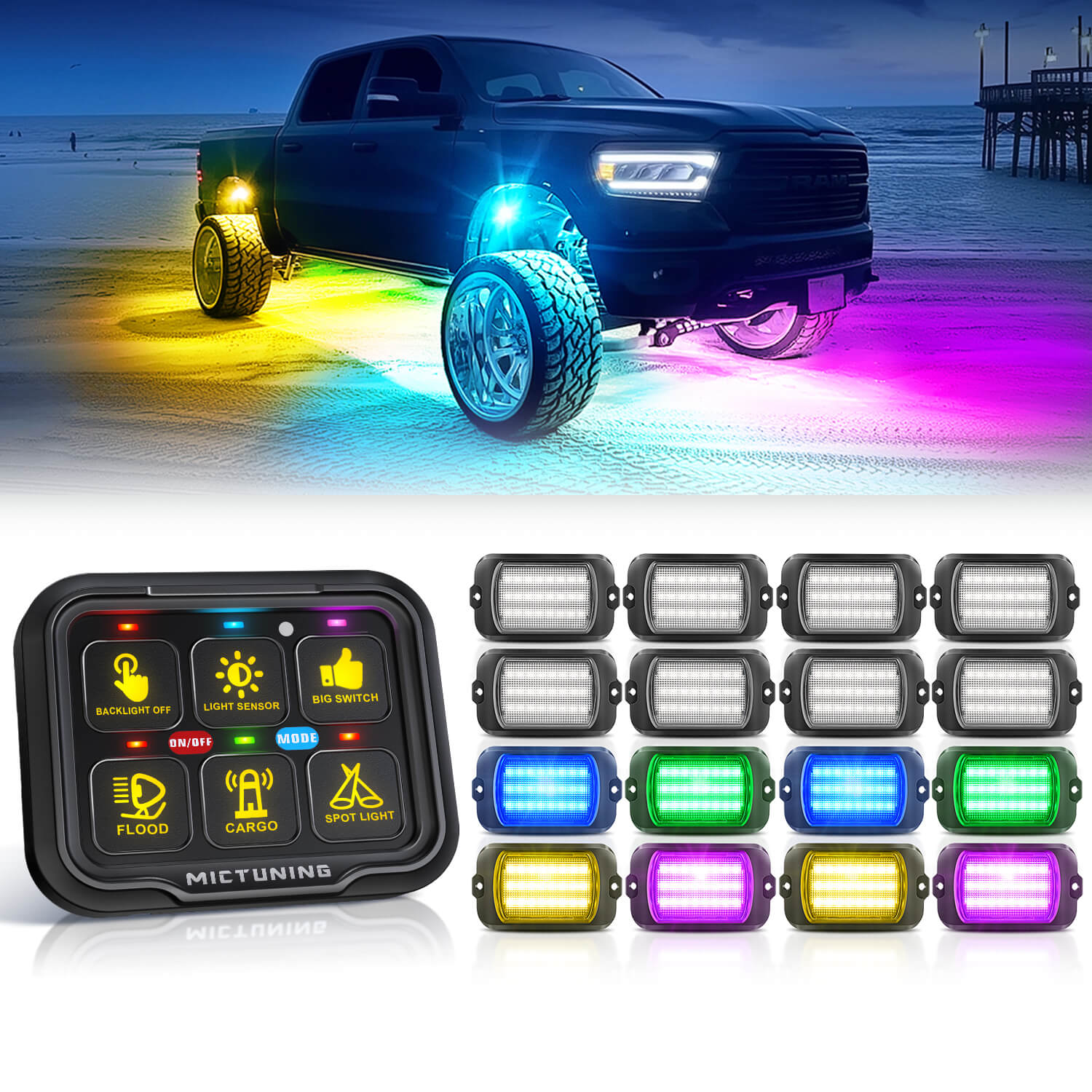 Q1 Max RGB+IC Rock Lights 8-24 Pods Bundle with P8-Ultra 6/8 Gang Switch Panel, Larger & Tactile Switches