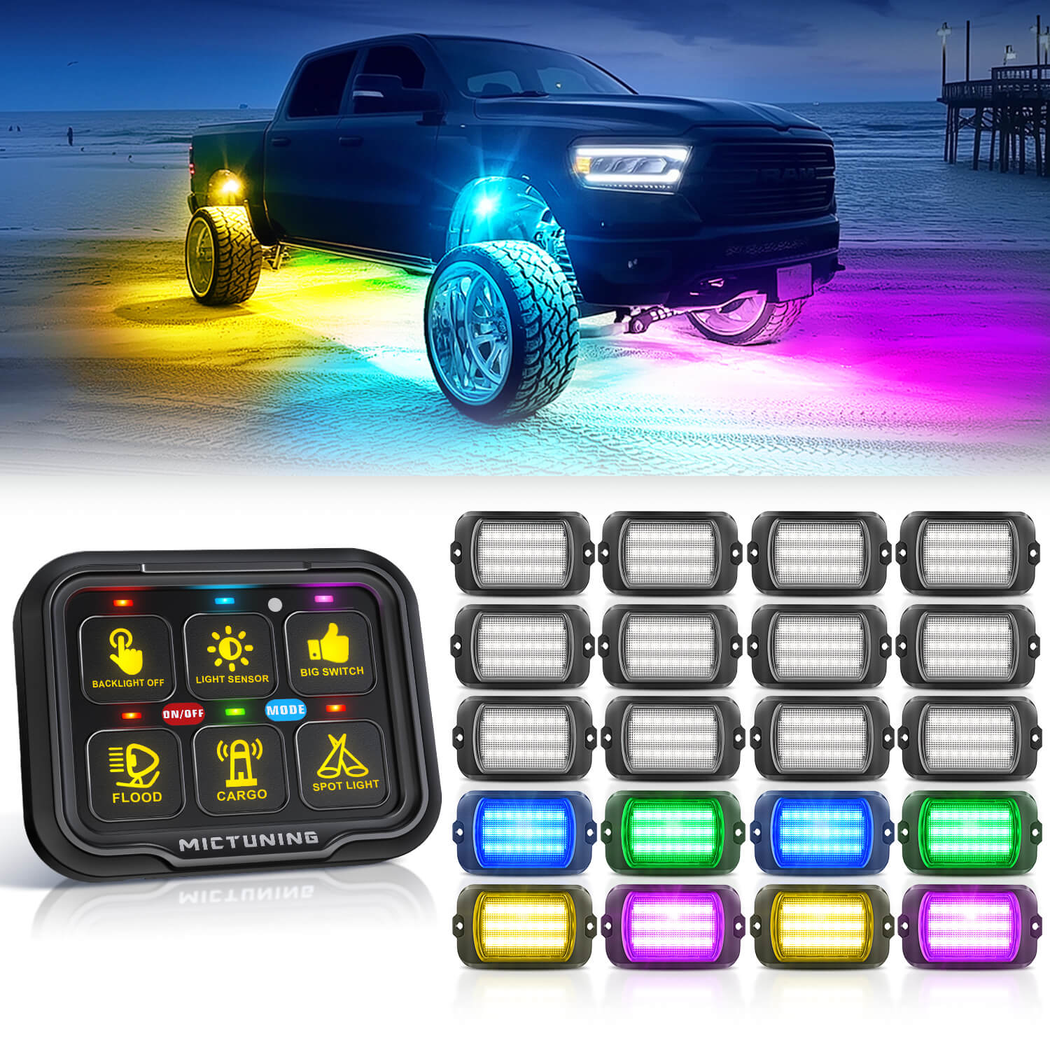 Q1 Max RGB+IC Rock Lights 8-24 Pods Bundle with P8-Ultra 6/8 Gang Switch Panel, Larger & Tactile Switches