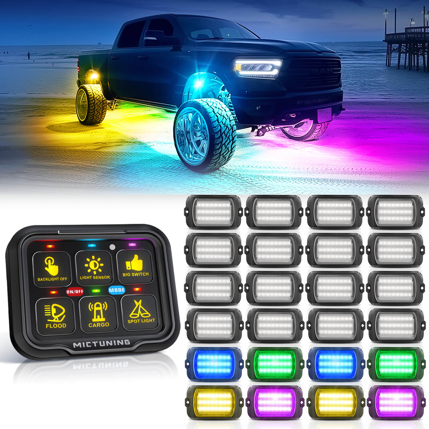 Q1 Max RGB+IC Rock Lights 8-24 Pods Bundle with P8-Ultra 6/8 Gang Switch Panel, Larger & Tactile Switches