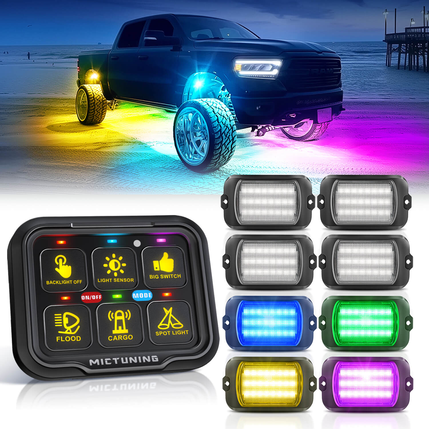 Q1 Max RGB+IC Rock Lights 8-24 Pods Bundle with P8-Ultra 6/8 Gang Switch Panel, Larger & Tactile Switches