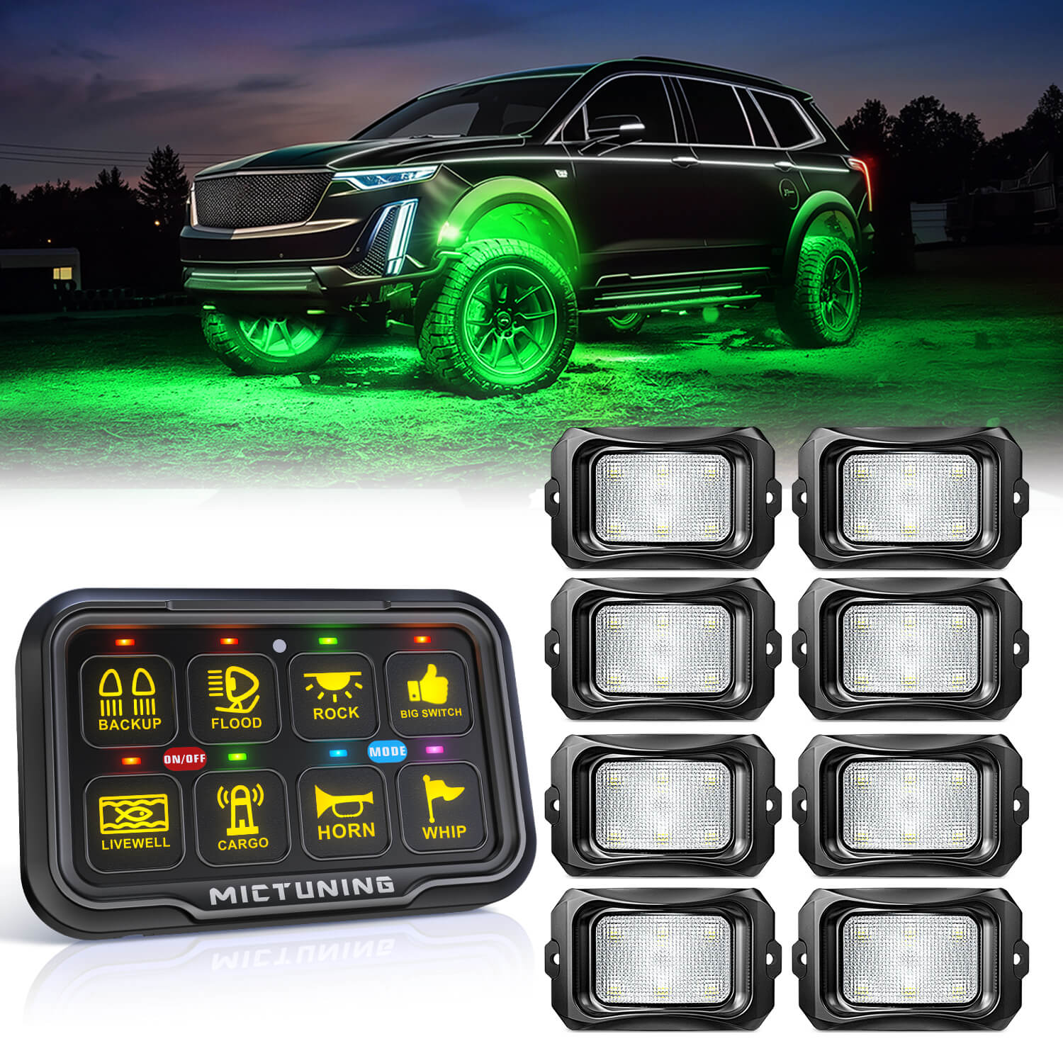 C2 RGBW LED Rock Lights Kit 8-16 Pods Bundle with P8-Ultra 6/8 Gang Switch Panel, Larger & Tactile Switches