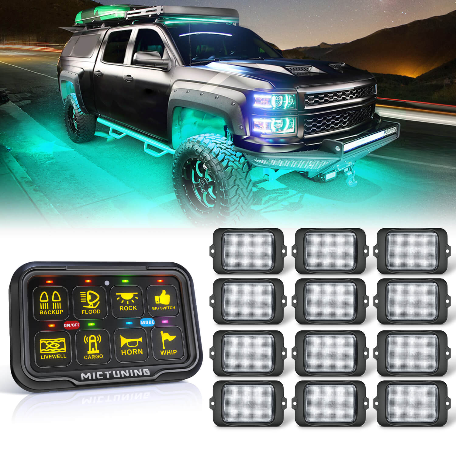 C3 Extensible RGBW LED Rock Lights 8-16 Pods Bundle with P8-Ultra 6/8 Gang Switch Panel, Larger & Tactile Switches