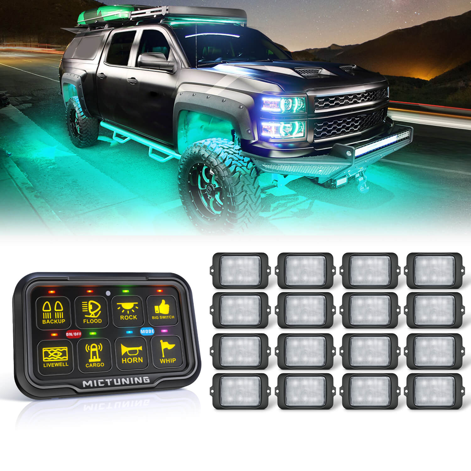 C3 Extensible RGBW LED Rock Lights 8-16 Pods Bundle with P8-Ultra 6/8 Gang Switch Panel, Larger & Tactile Switches