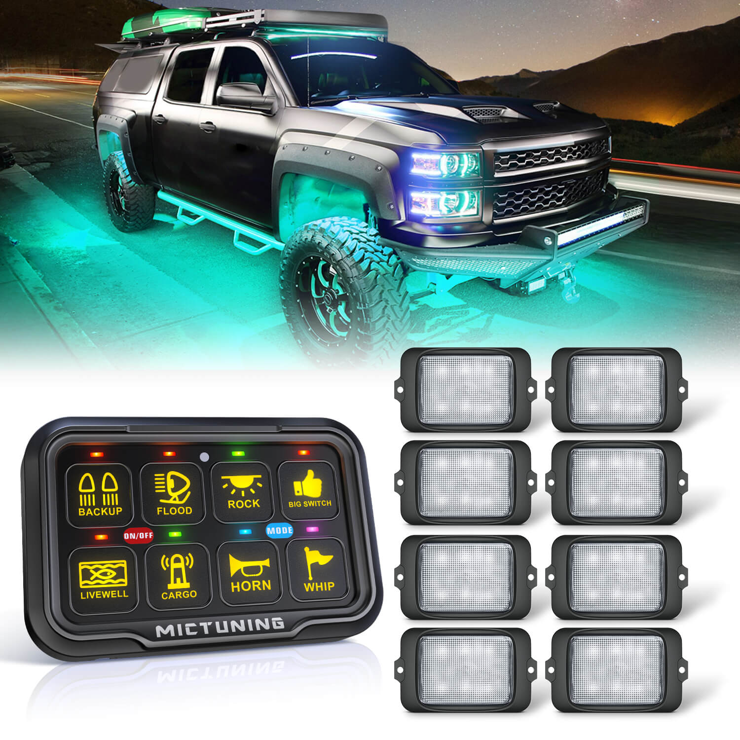 C3 Extensible RGBW LED Rock Lights 8-16 Pods Bundle with P8-Ultra 6/8 Gang Switch Panel, Larger & Tactile Switches