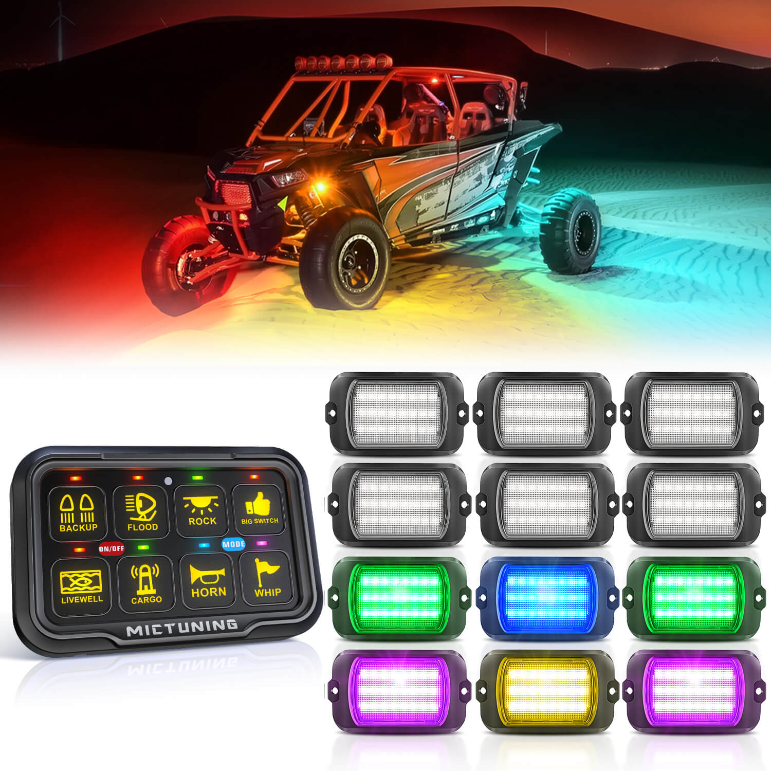 Q1 Max RGB+IC Rock Lights 8-24 Pods Bundle with P8-Ultra 6/8 Gang Switch Panel, Larger & Tactile Switches