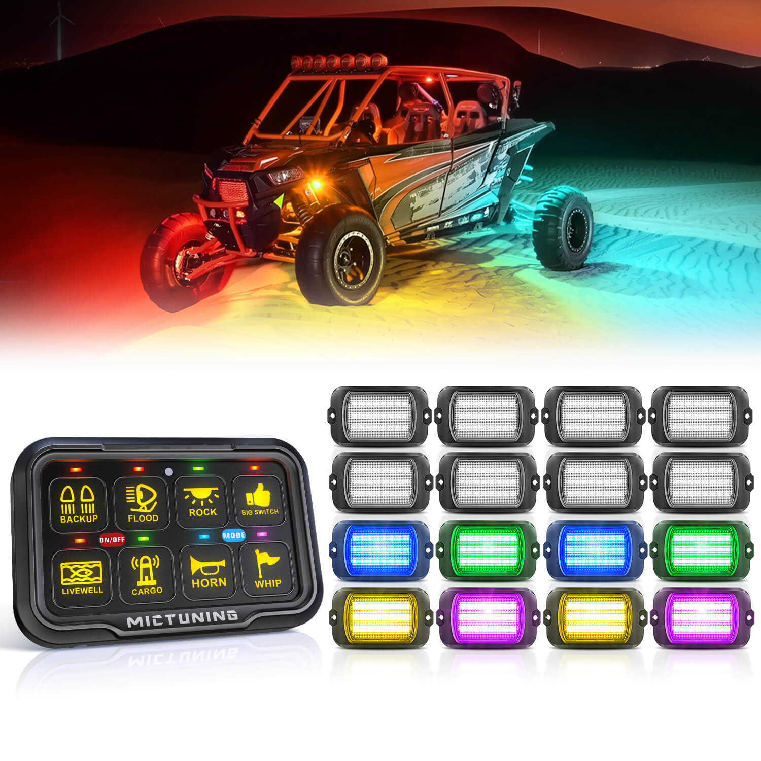 Q1 Max RGB+IC Rock Lights 8-24 Pods Bundle with P8-Ultra 6/8 Gang Switch Panel, Larger & Tactile Switches
