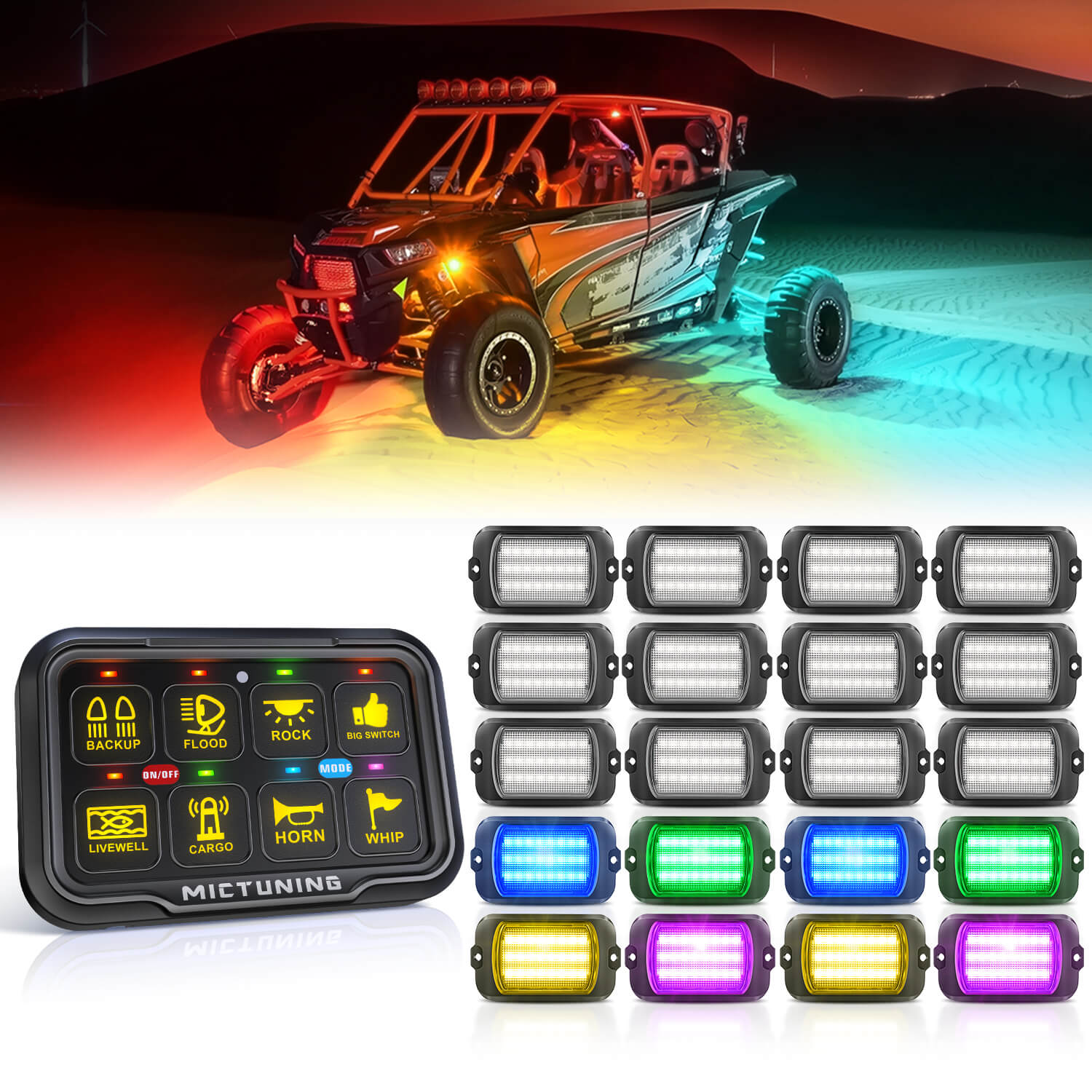 Q1 Max RGB+IC Rock Lights 8-24 Pods Bundle with P8-Ultra 6/8 Gang Switch Panel, Larger & Tactile Switches